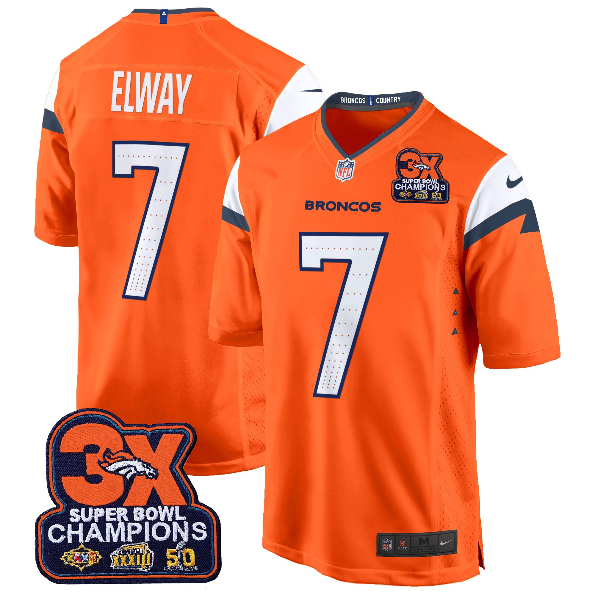 John Elway Men's Denver Broncos 3-Time Champions Patch Game Jersey - Al Stitched Orange Jersey - All Stitched
