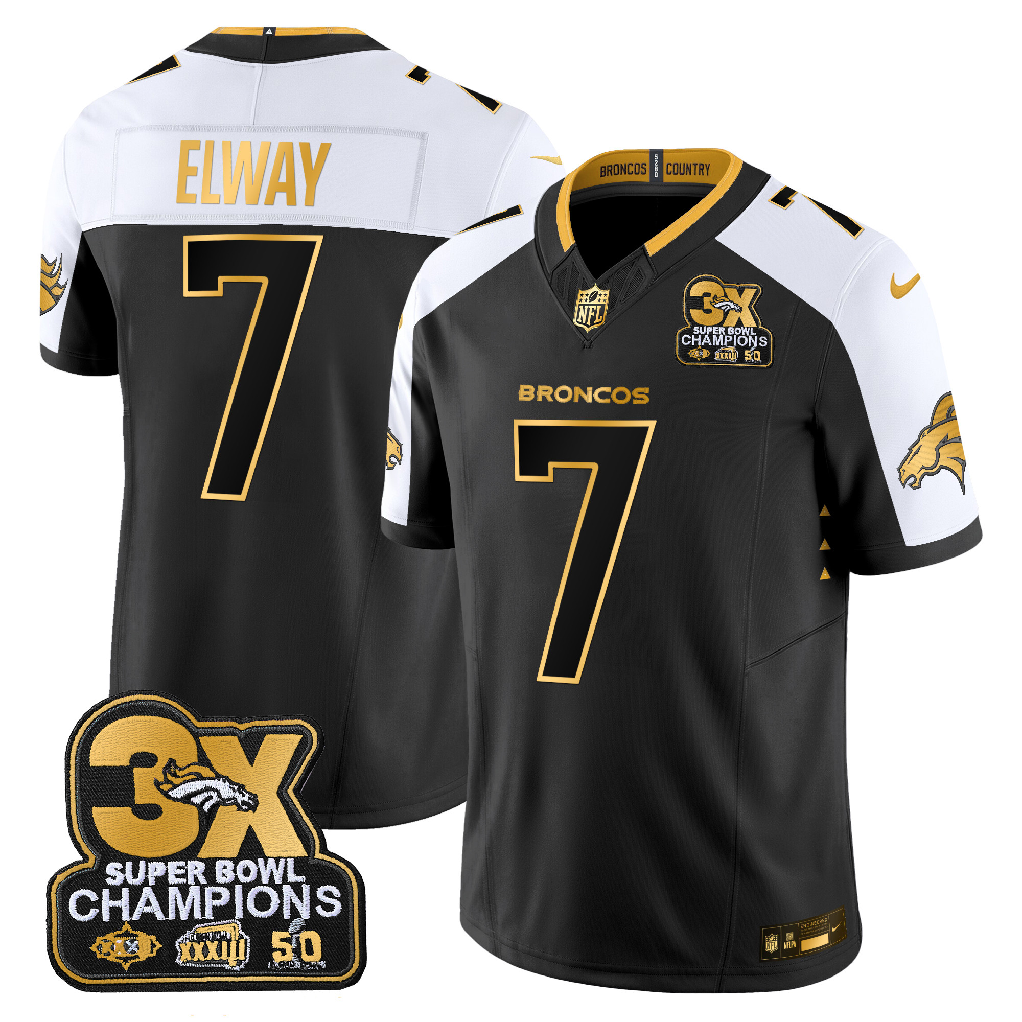 John Elway Men's Denver Broncos 3-Time Champions Patch Gold Vapor Limited Alternate Jersey - All Stitched