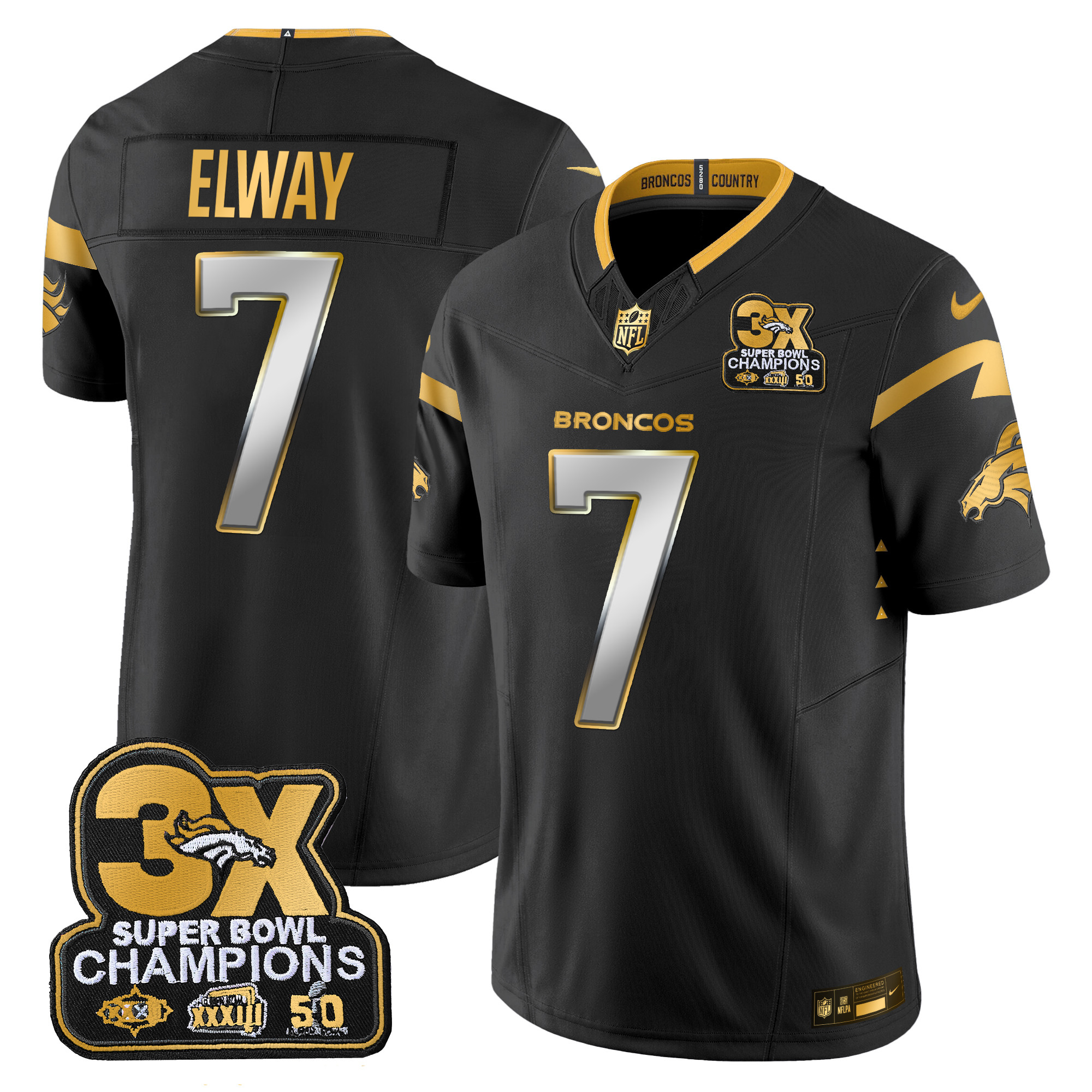 John Elway Men's Denver Broncos 3-Time Champions Patch Gold Vapor Limited Black Limited Jersey - All Stitched