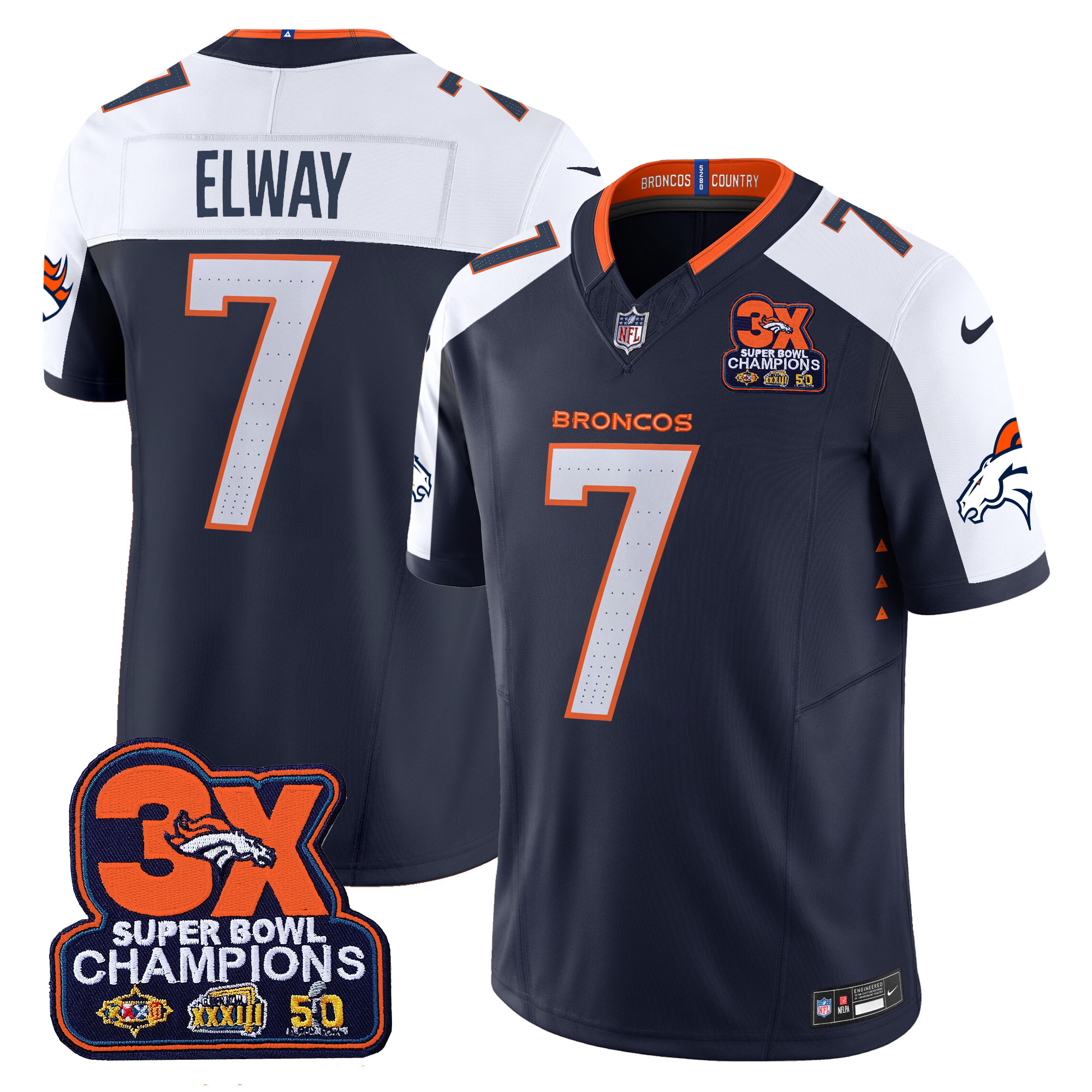John Elway Men's Denver Broncos 3-Time Champions Patch Vapor Limited Navy Alternate Jersey - All Stitched
