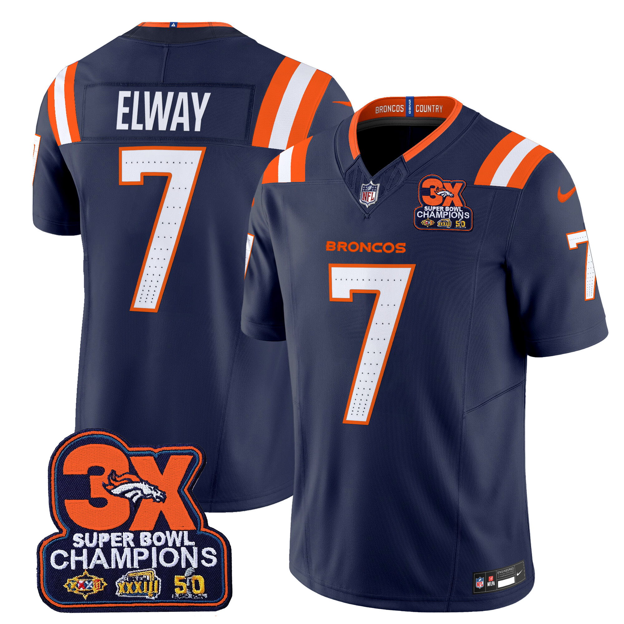 John Elway Men's Denver Broncos 3-Time Champions Patch Vapor Limited Navy Jersey - All Stitched
