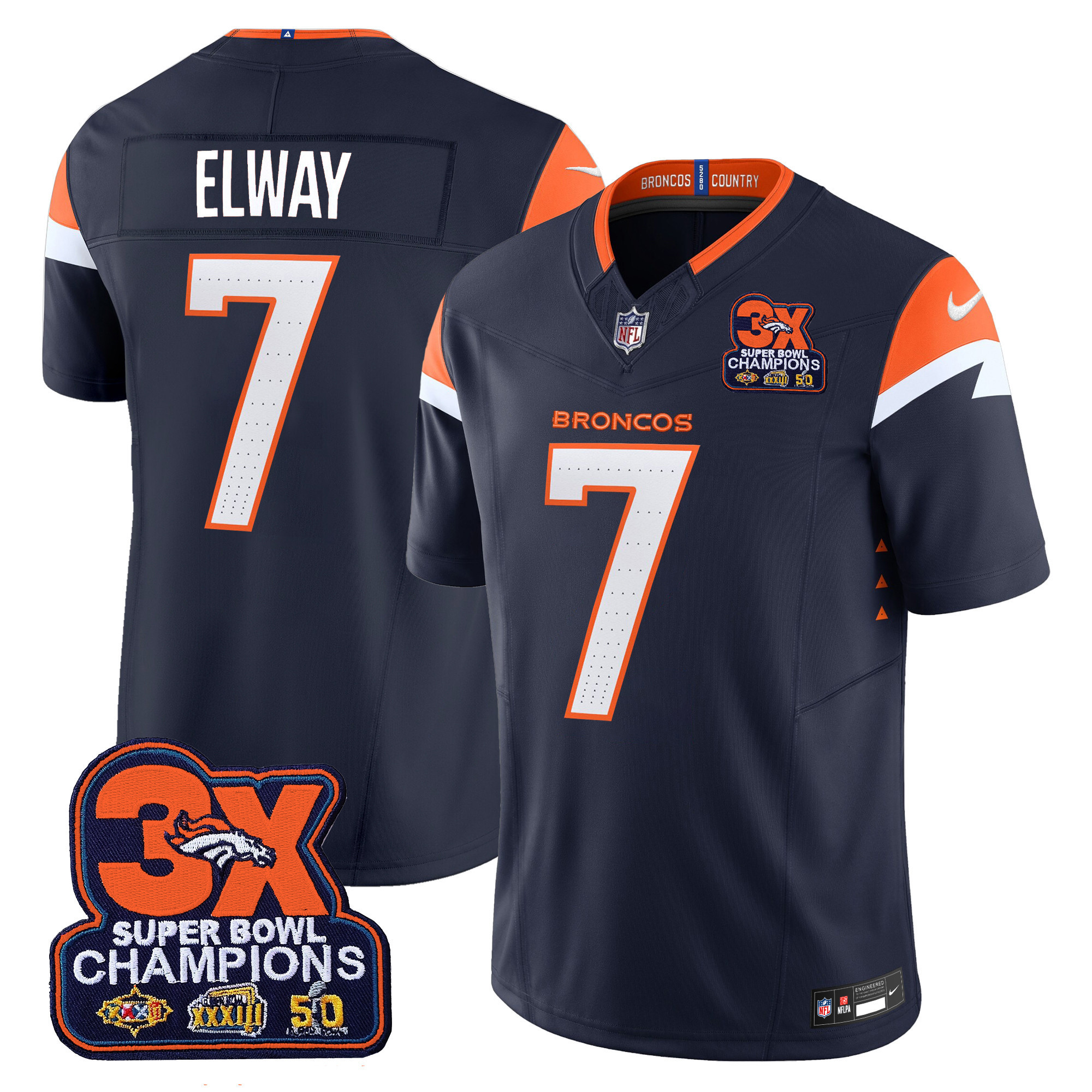 John Elway Men's Denver Broncos 3-Time Champions Patch Vapor Limited Navy Jersey - All Stitched