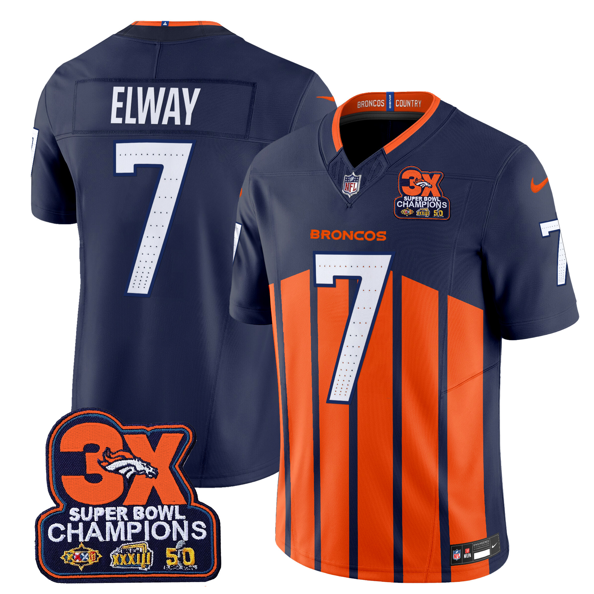 John Elway Men's Denver Broncos 3-Time Champions Patch Vapor Limited Navy Special Jersey - All Stitched