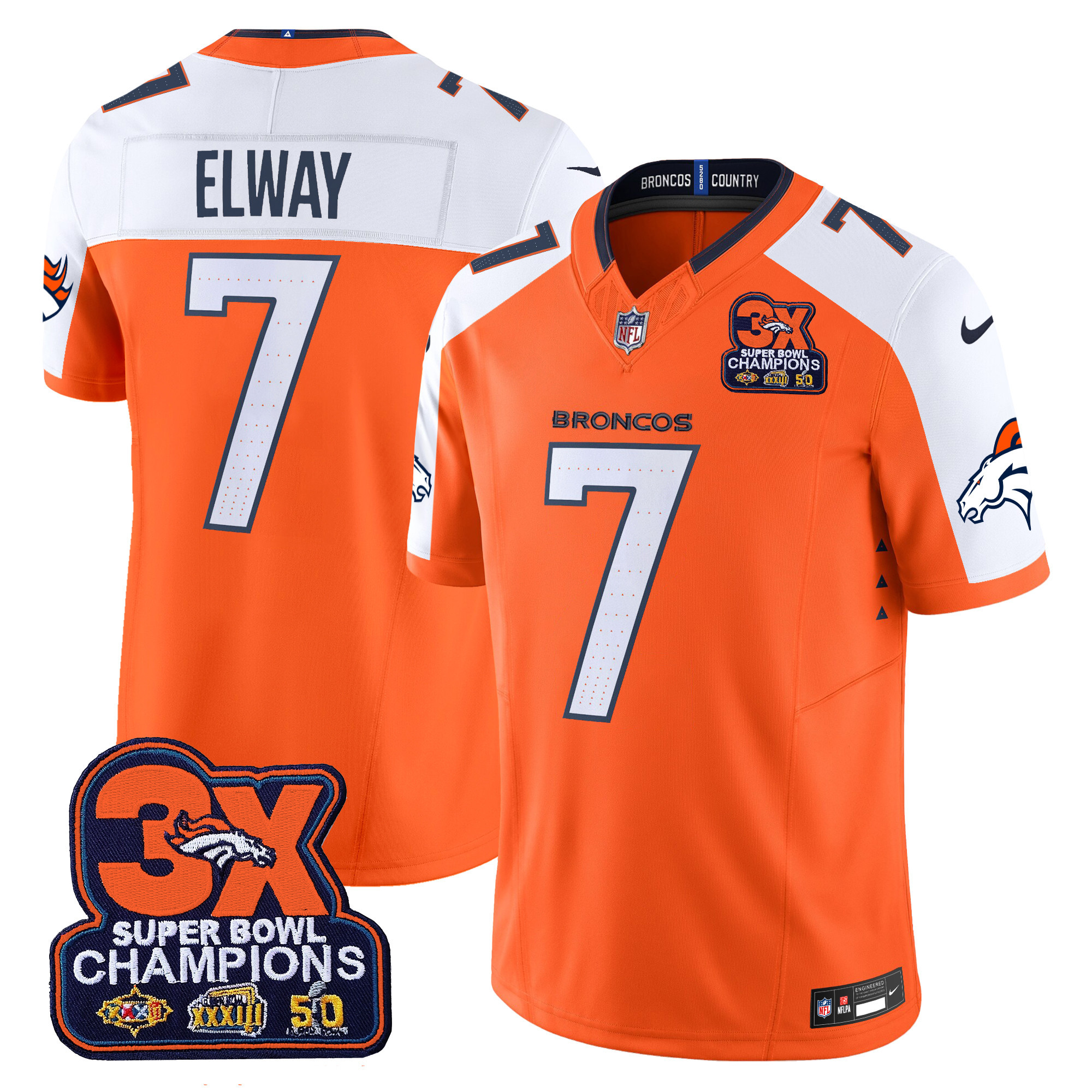 John Elway Men's Denver Broncos 3-Time Champions Patch Vapor Limited Orange Alternate Jersey - All Stitched