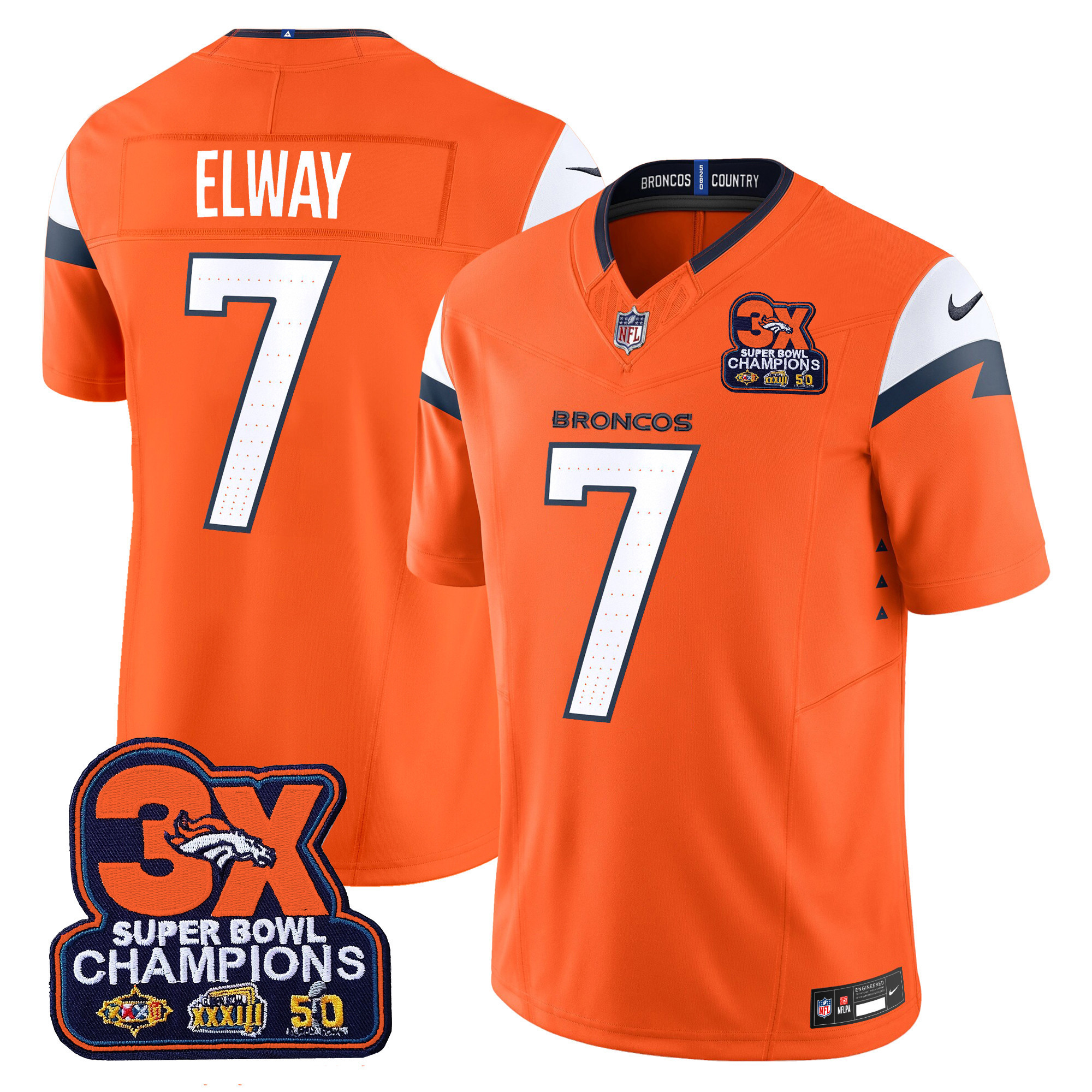 John Elway Men's Denver Broncos 3-Time Champions Patch Vapor Limited Orange Jersey - All Stitched