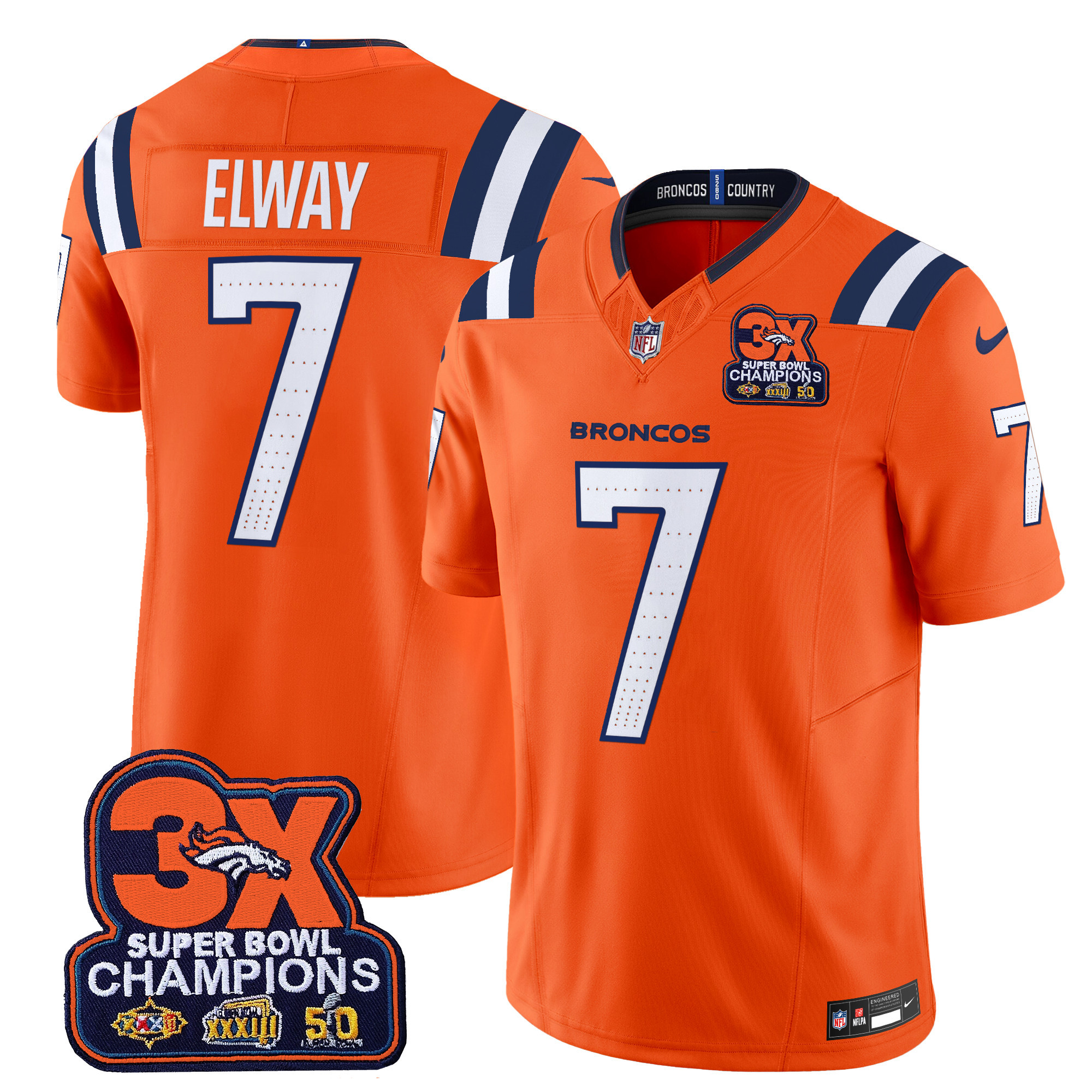 John Elway Men's Denver Broncos 3-Time Champions Patch Vapor Limited Orange Jersey - All Stitched