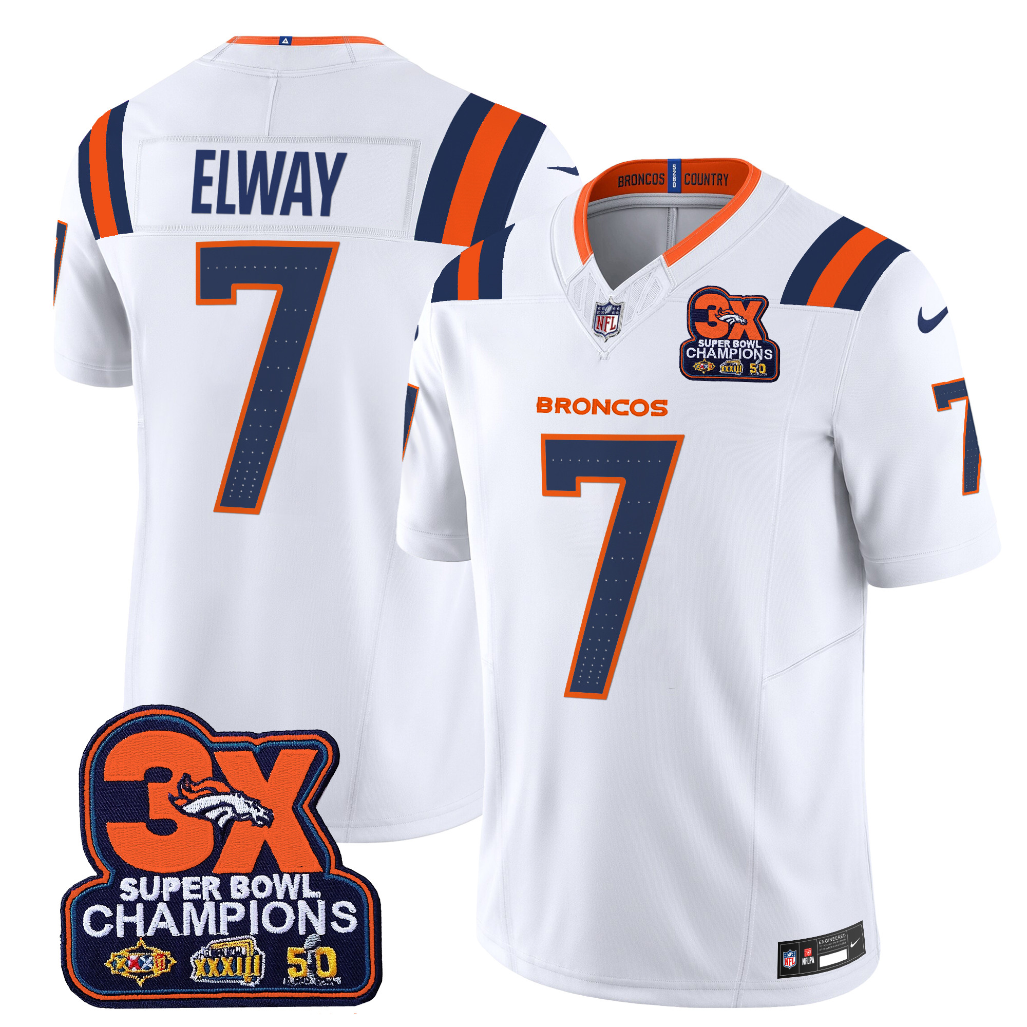 John Elway Men's Denver Broncos 3-Time Champions Patch Vapor Limited White Jersey - All Stitched