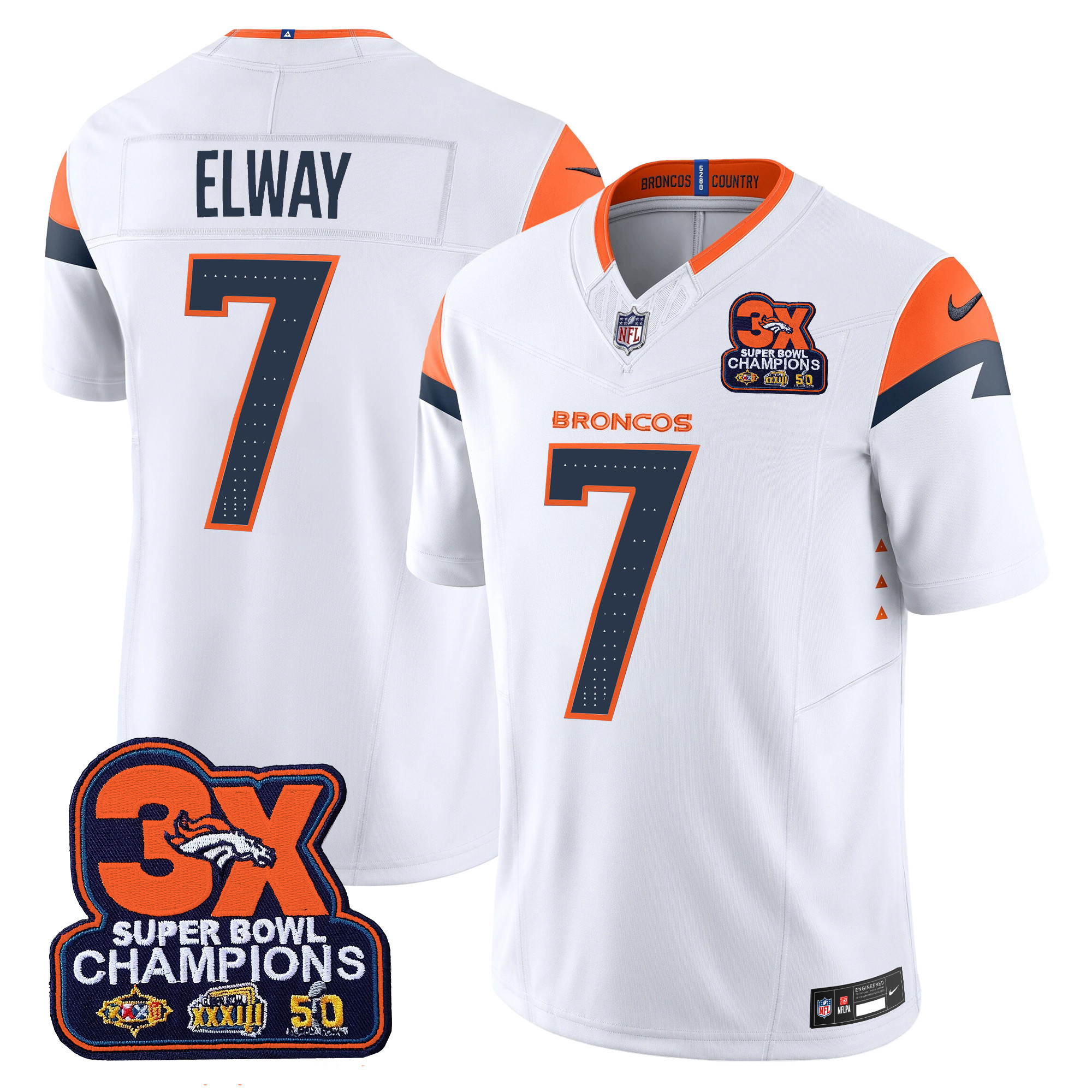 John Elway Men's Denver Broncos 3-Time Champions Patch Vapor Limited White Jersey - All Stitched
