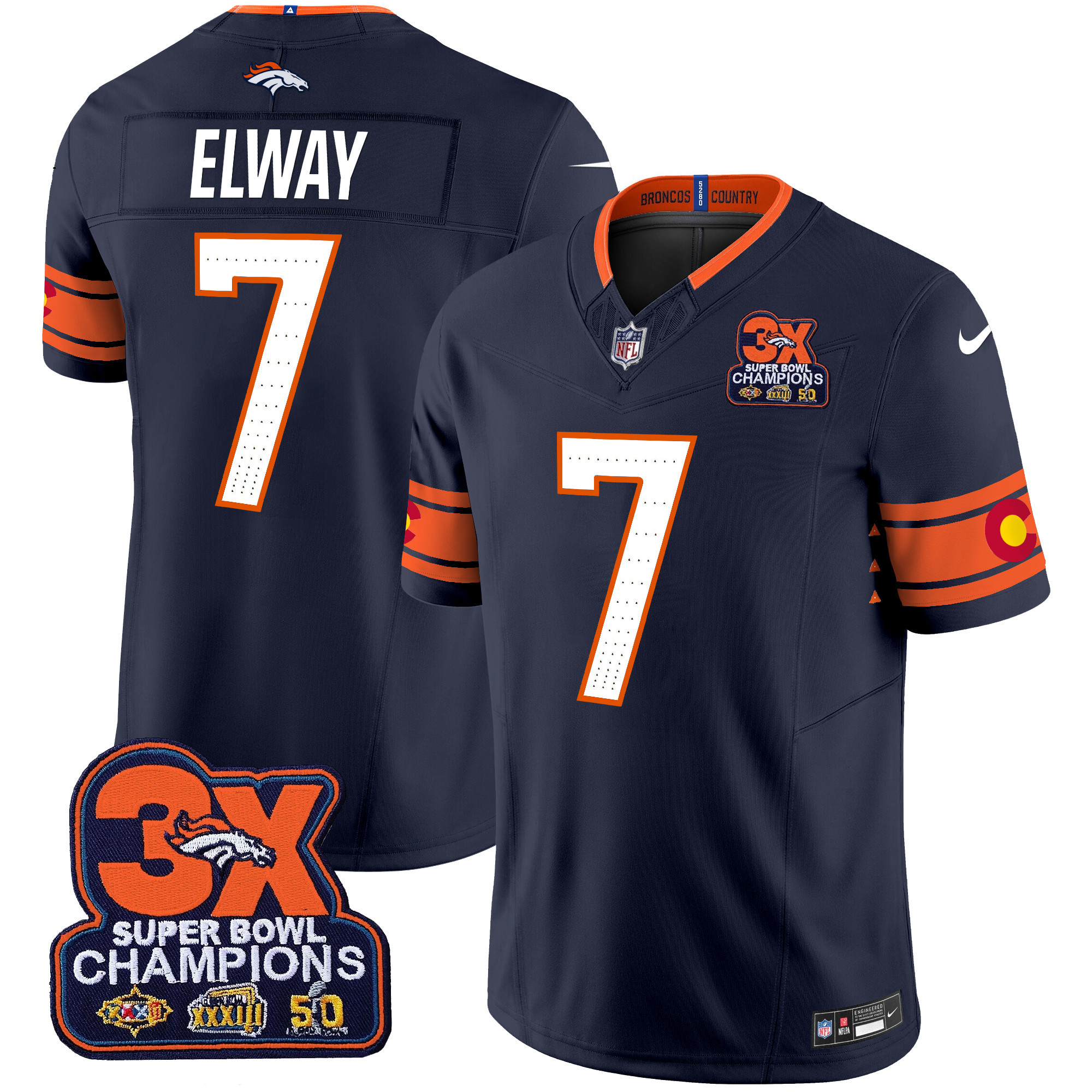 John Elway Men's Denver Broncos 3x Patch "Colorado Flag" Vapor Limited Navy Jersey - All Stitched