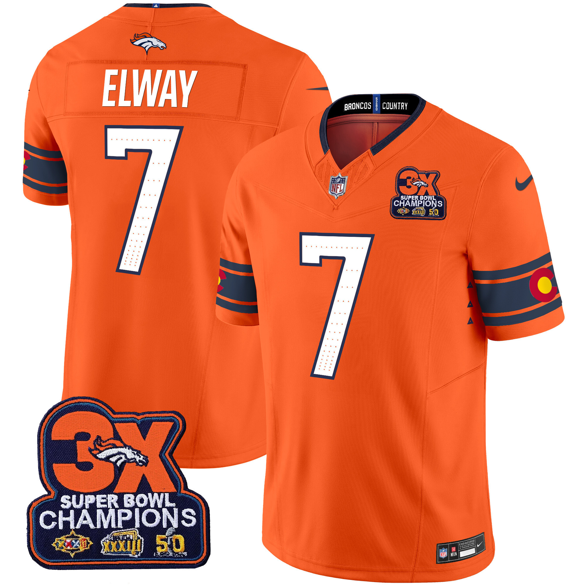 John Elway Men's Denver Broncos 3x Patch "Colorado Flag" Vapor Limited Orange Jersey - All Stitched