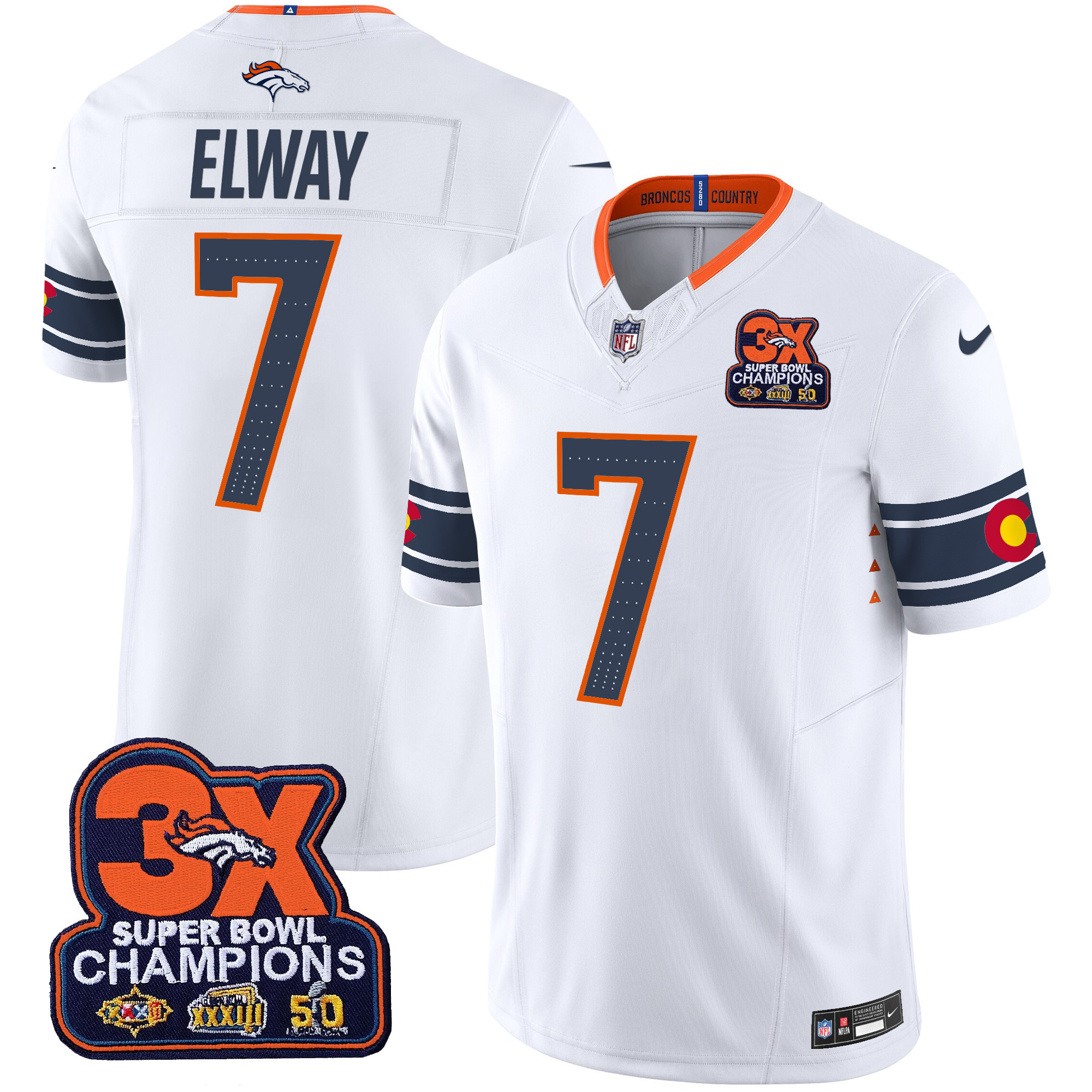 John Elway Men's Denver Broncos 3x Patch "Colorado Flag" Vapor Limited White Jersey - All Stitched