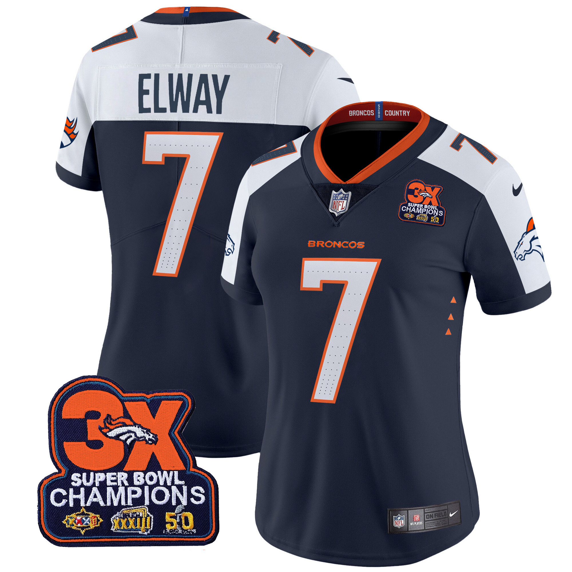 John Elway Women's Denver Broncos 3-Time Champions Patch Vapor Limited Navy Alternate Jersey - All Stitched