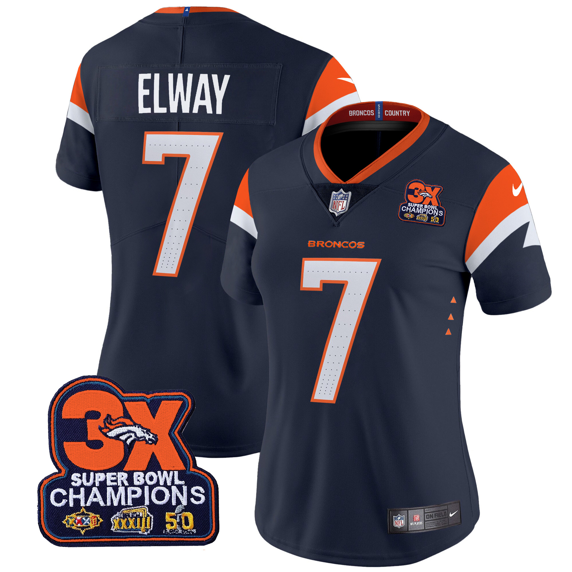 John Elway Women's Denver Broncos 3-Time Champions Patch Vapor Limited Navy Jersey - All Stitched