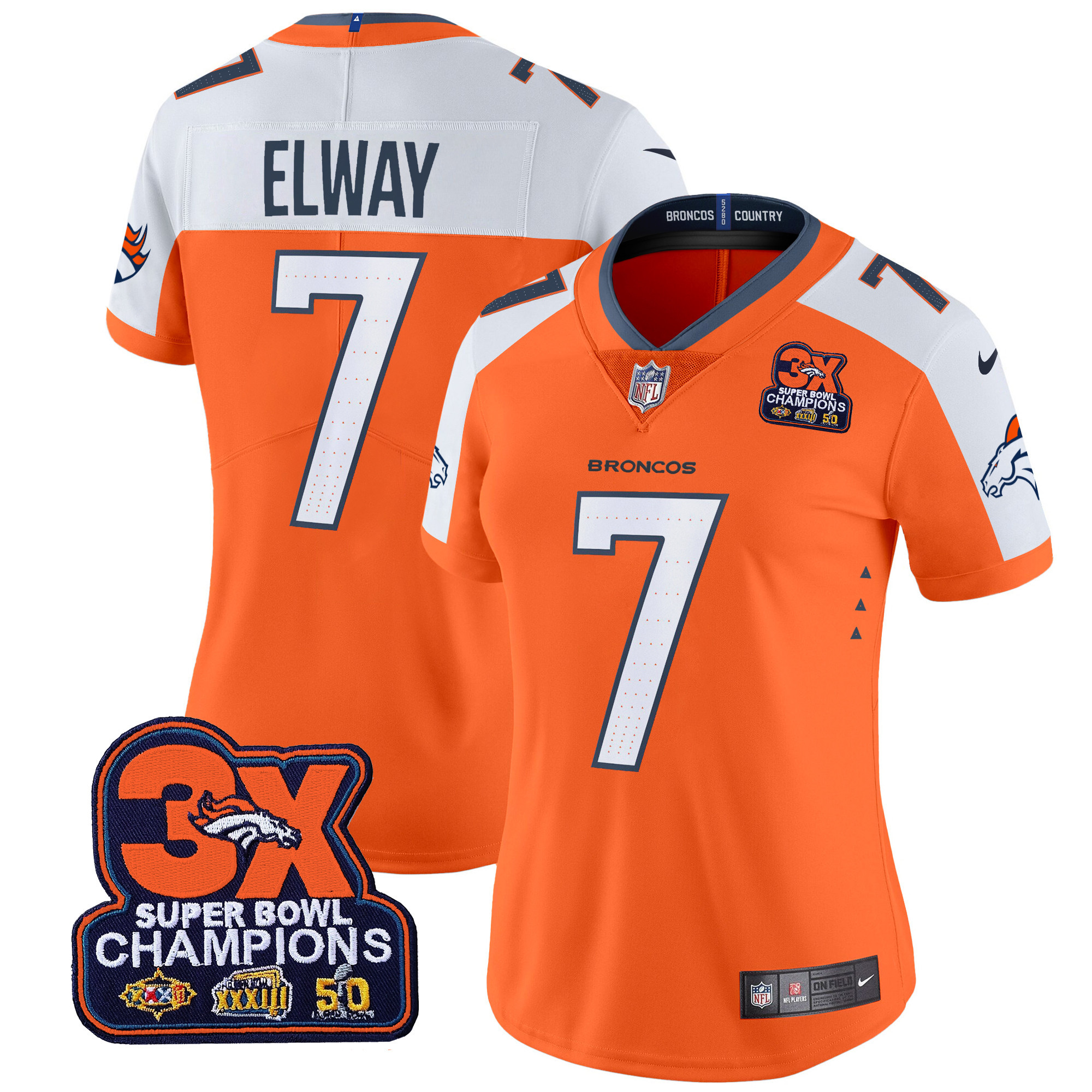 John Elway Women's Denver Broncos 3-Time Champions Patch Vapor Limited Orange Alternate Jersey - All Stitched