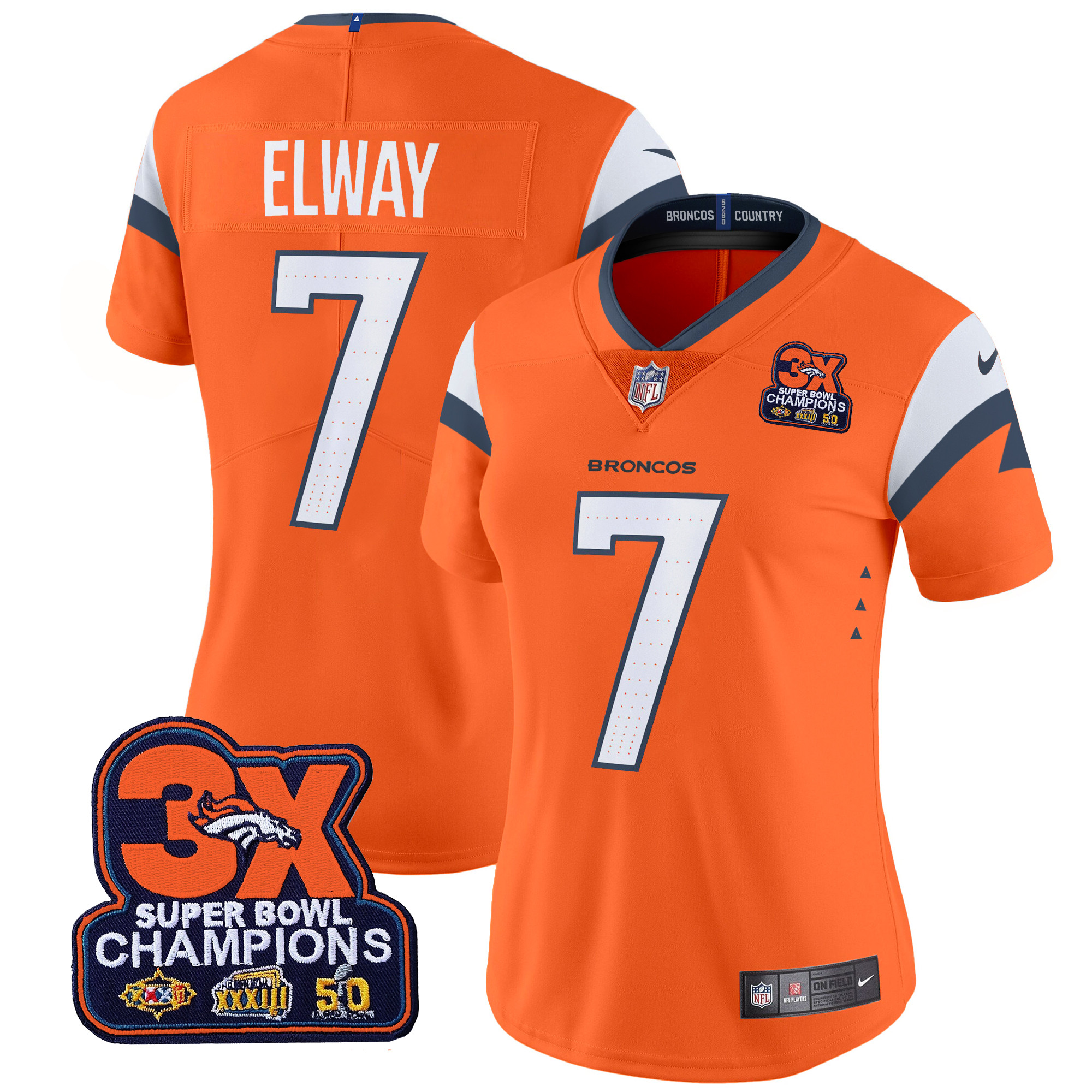 John Elway Women's Denver Broncos 3-Time Champions Patch Vapor Limited Orange Jersey - All Stitched