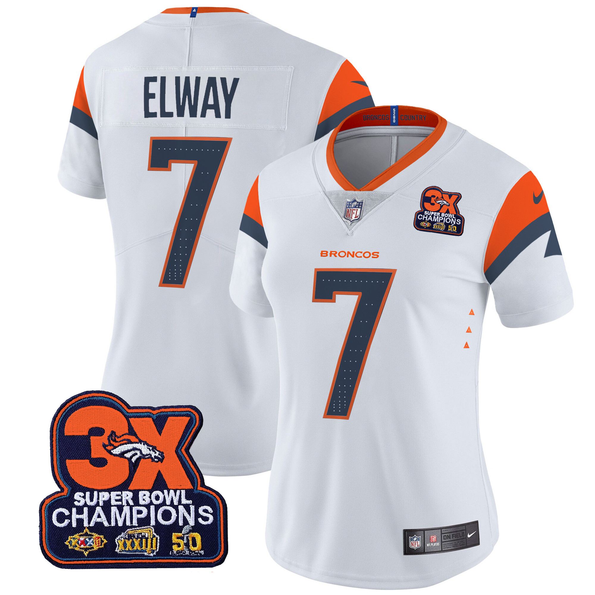John Elway Women's Denver Broncos 3-Time Champions Patch Vapor Limited White Jersey - All Stitched