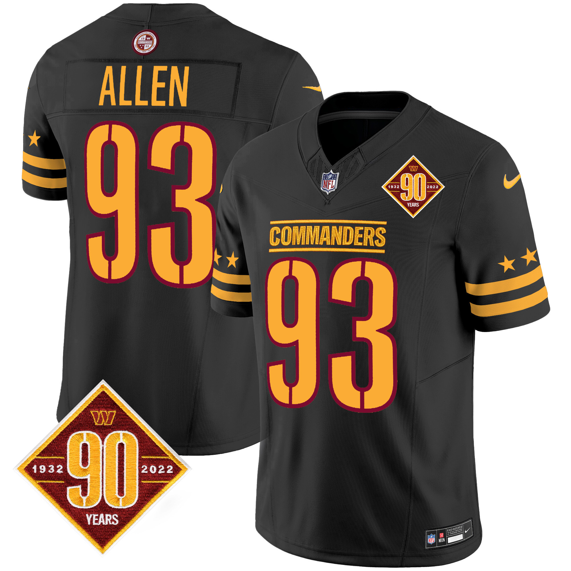 Jonathan Allen Men's Washington Commanders 90th Anniversary Patch Vapor Limited Black Jersey - All Stitched