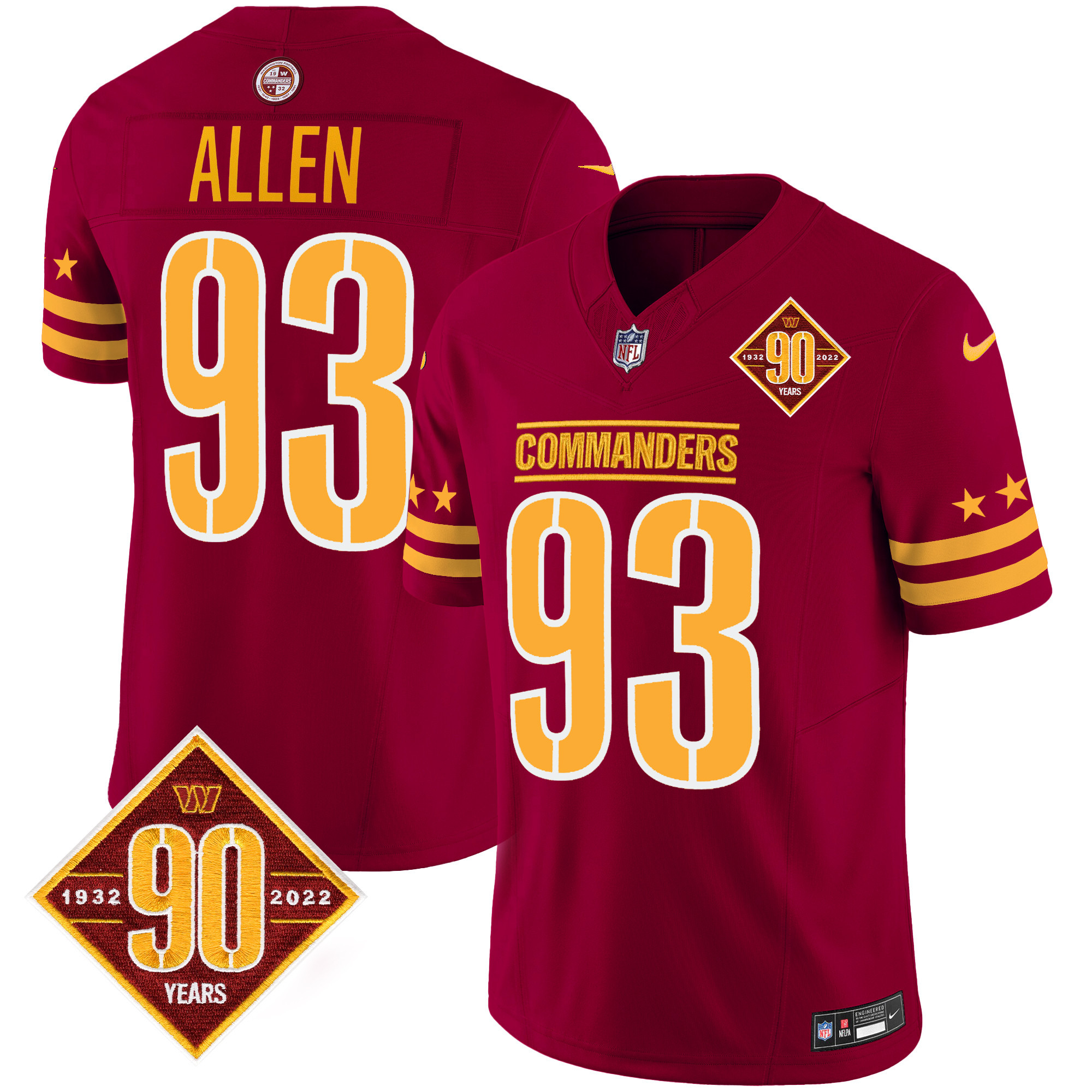 Jonathan Allen Men's Washington Commanders 90th Anniversary Patch Vapor Limited Burgundy Jersey - All Stitched