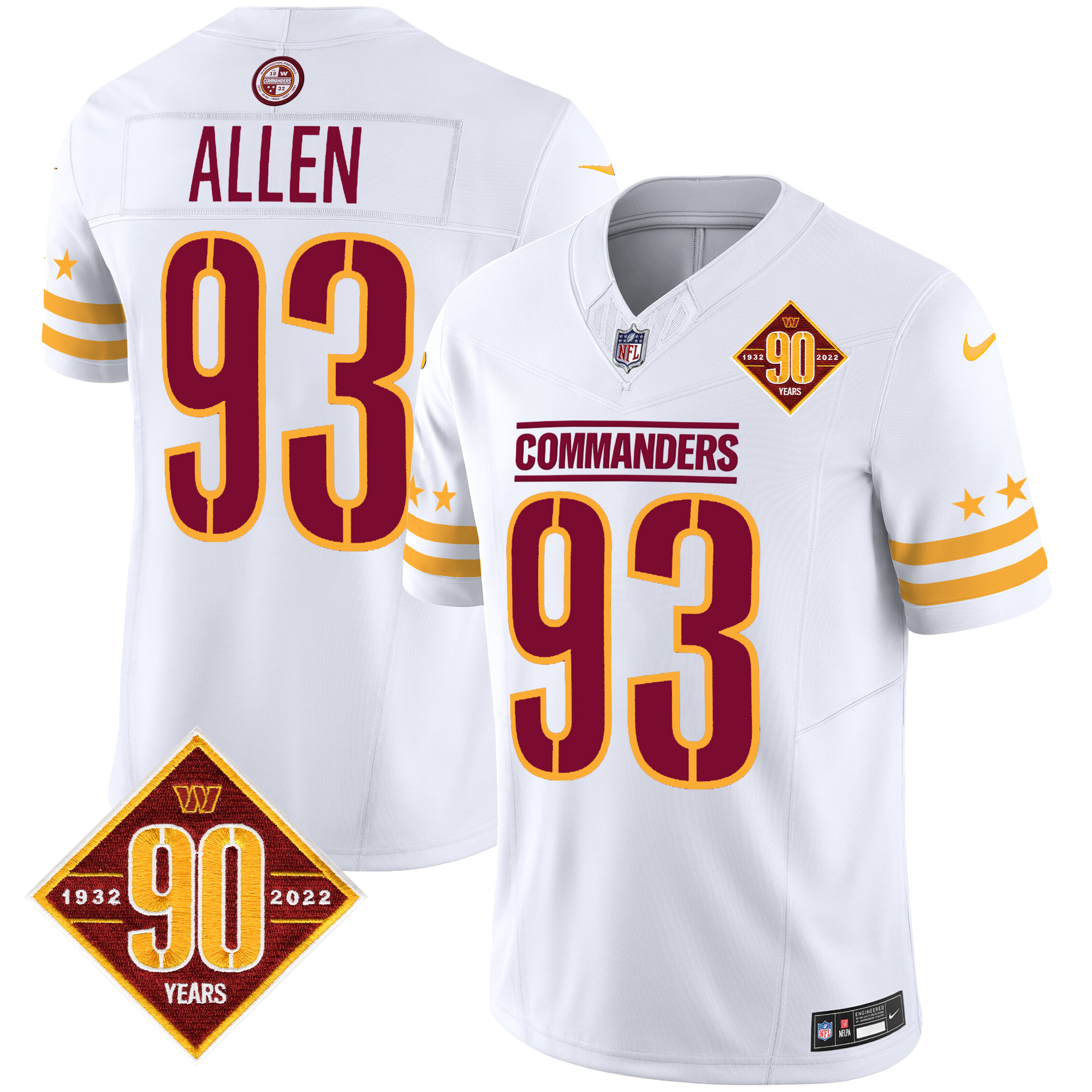 Jonathan Allen Men's Washington Commanders 90th Anniversary Patch Vapor Limited White Jersey - All Stitched