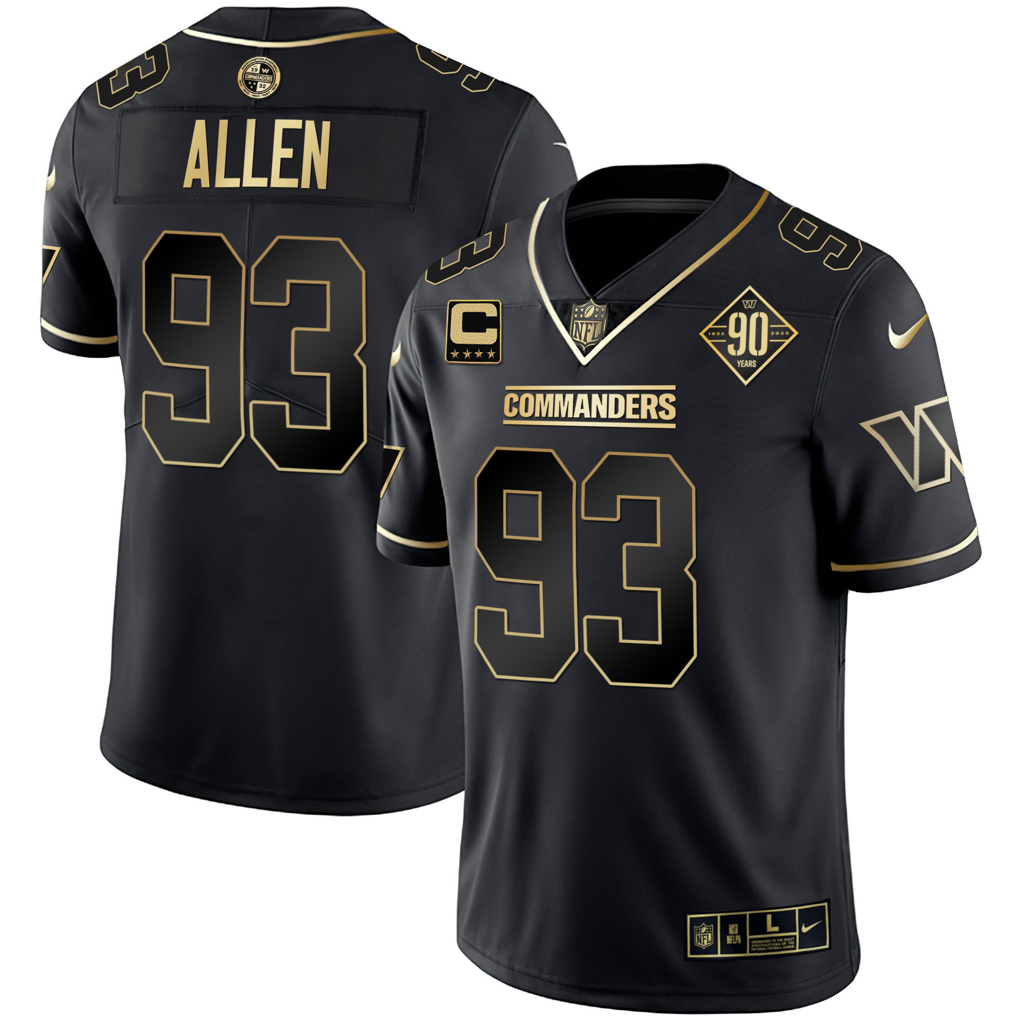 Jonathan Allen Men's Washington Commanders White Gold & Black Gold Vapor Limited Black Gold Jersey - All Stitched
