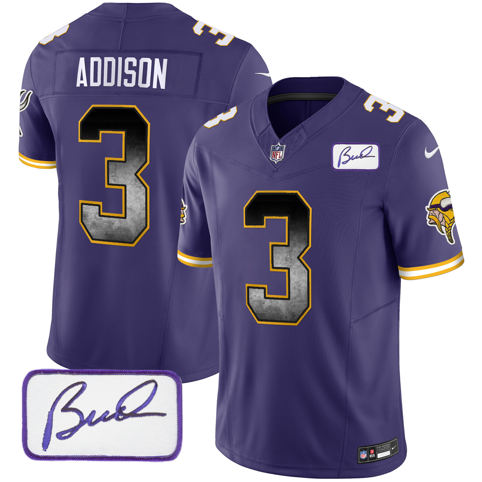 Jordan Addison Men's Minnesota Vikings Bud Grant Patch Arch Smoke Vapor Purple Jersey - All Stitched