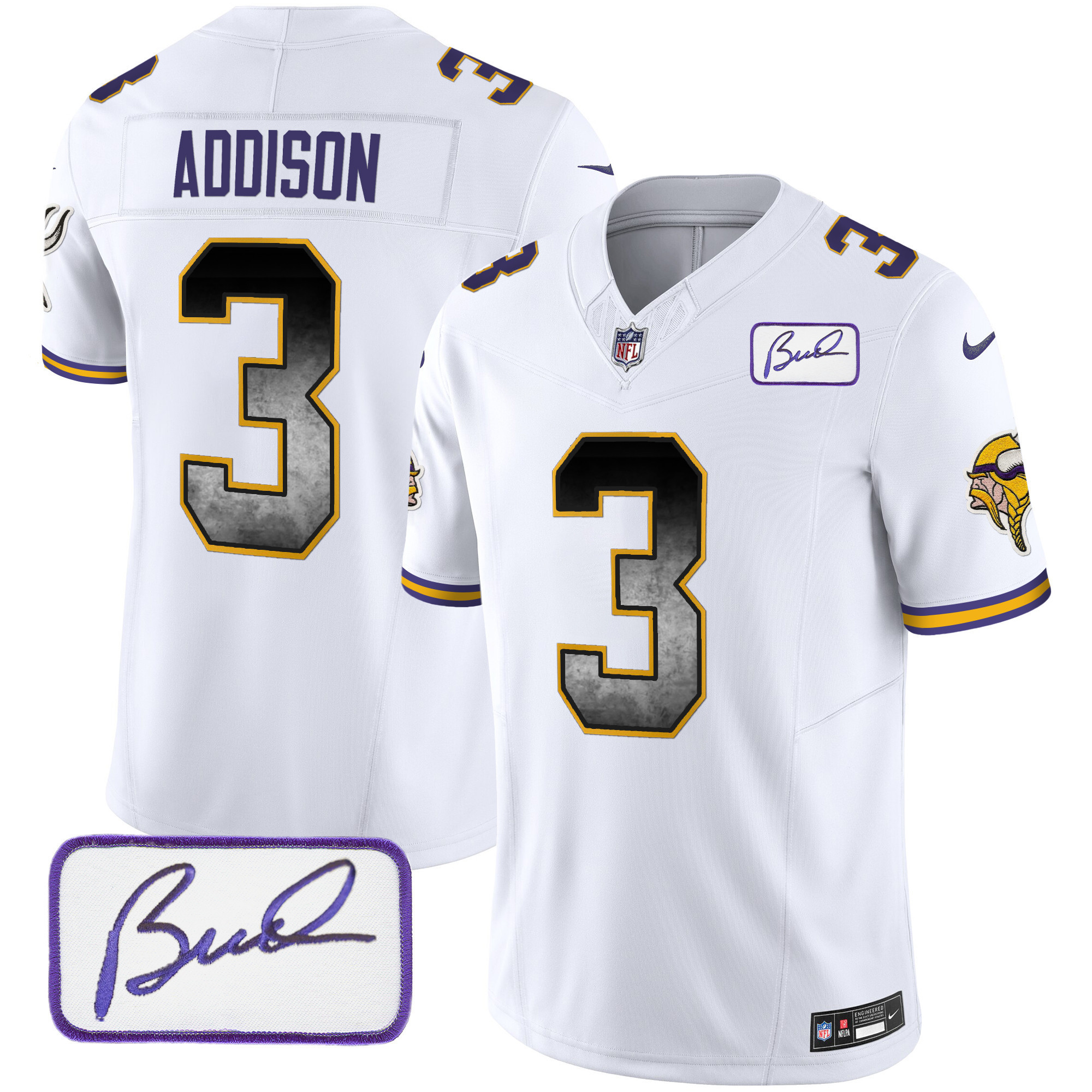 Jordan Addison Men's Minnesota Vikings Bud Grant Patch Arch Smoke Vapor White Jersey - All Stitched