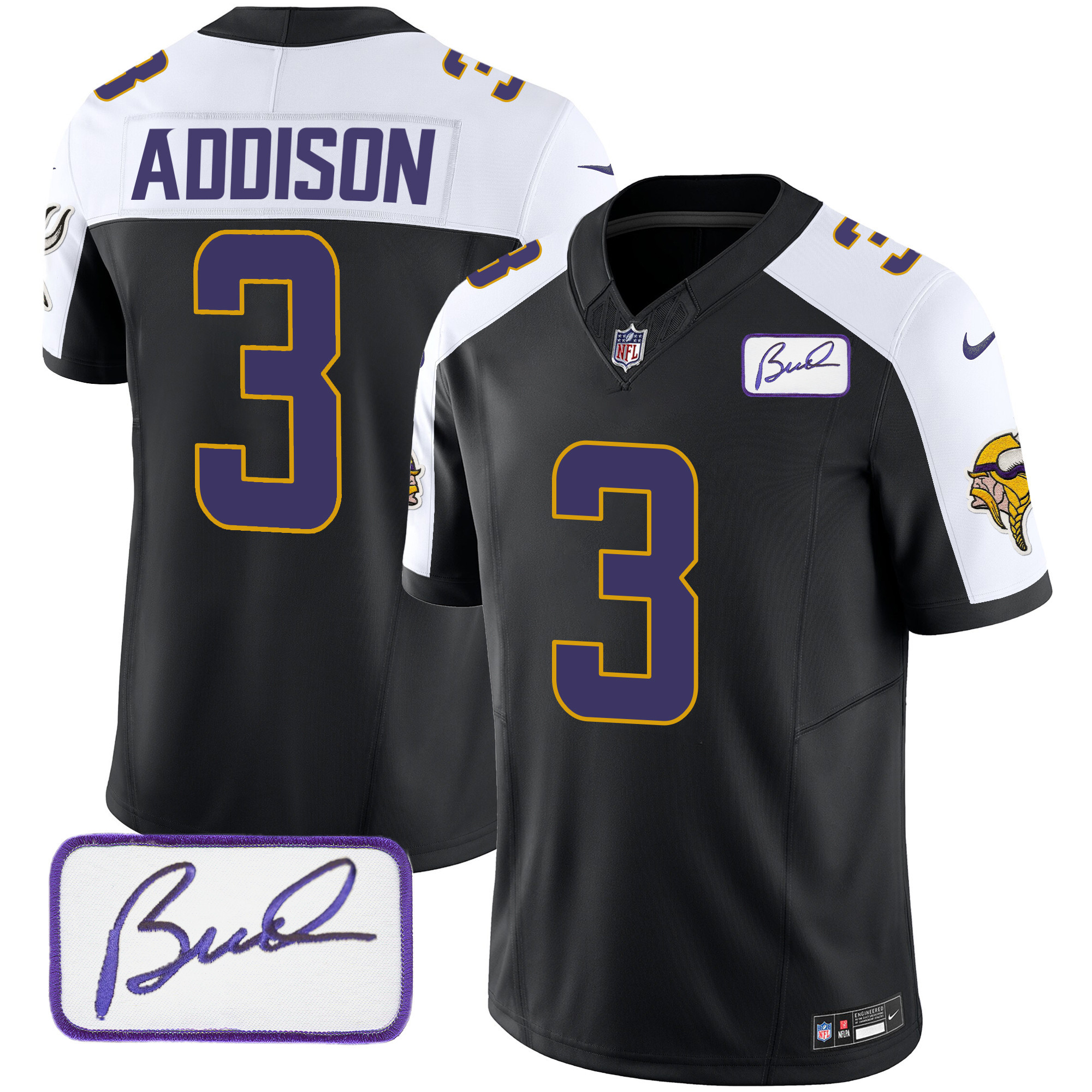 Jordan Addison Men's Minnesota Vikings Bud Grant Patch Classic Limited Black Alternate Jersey - All Stitched