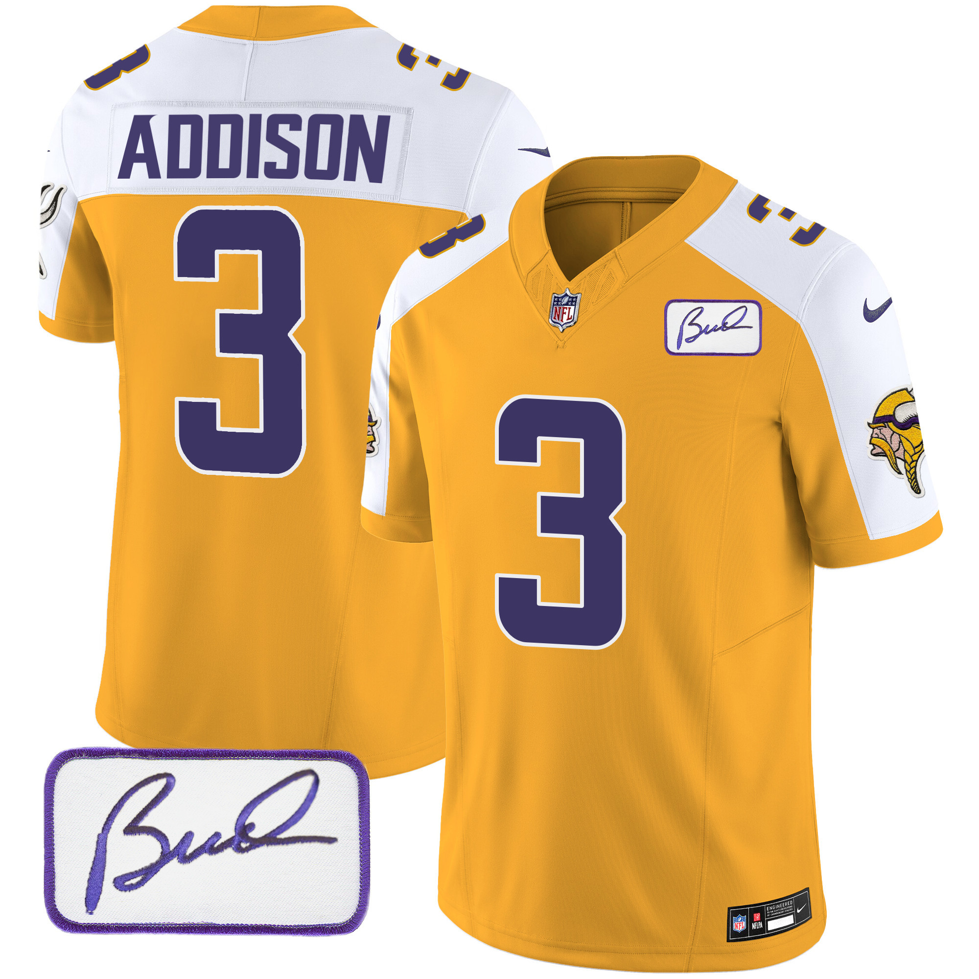 Jordan Addison Men's Minnesota Vikings Bud Grant Patch Classic Limited Gold Alternate Jersey - All Stitched