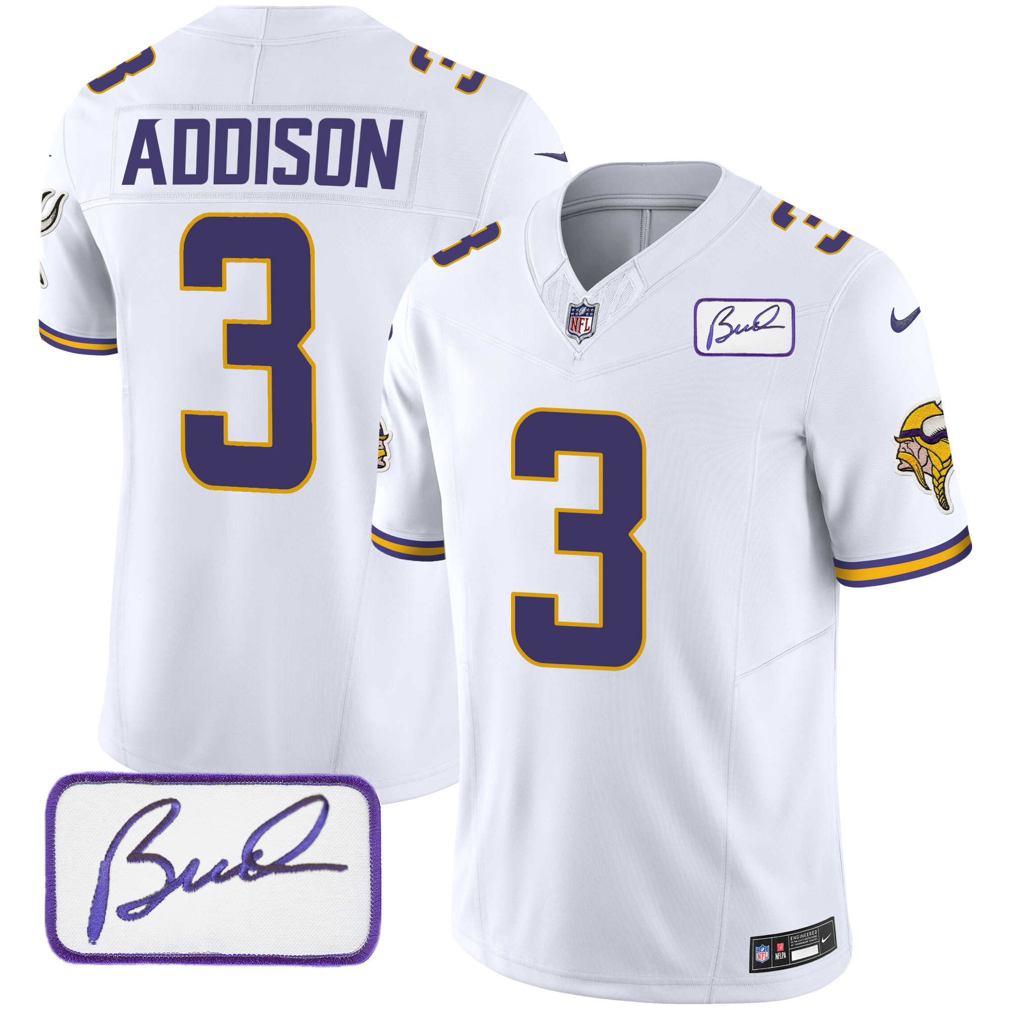 Jordan Addison Men's Minnesota Vikings Bud Grant Patch Classic Limited White Jersey - All Stitched