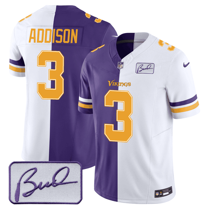 Jordan Addison Men's Minnesota Vikings Bud Grant Patch Purple/ White Split Split Jersey - All Stitched