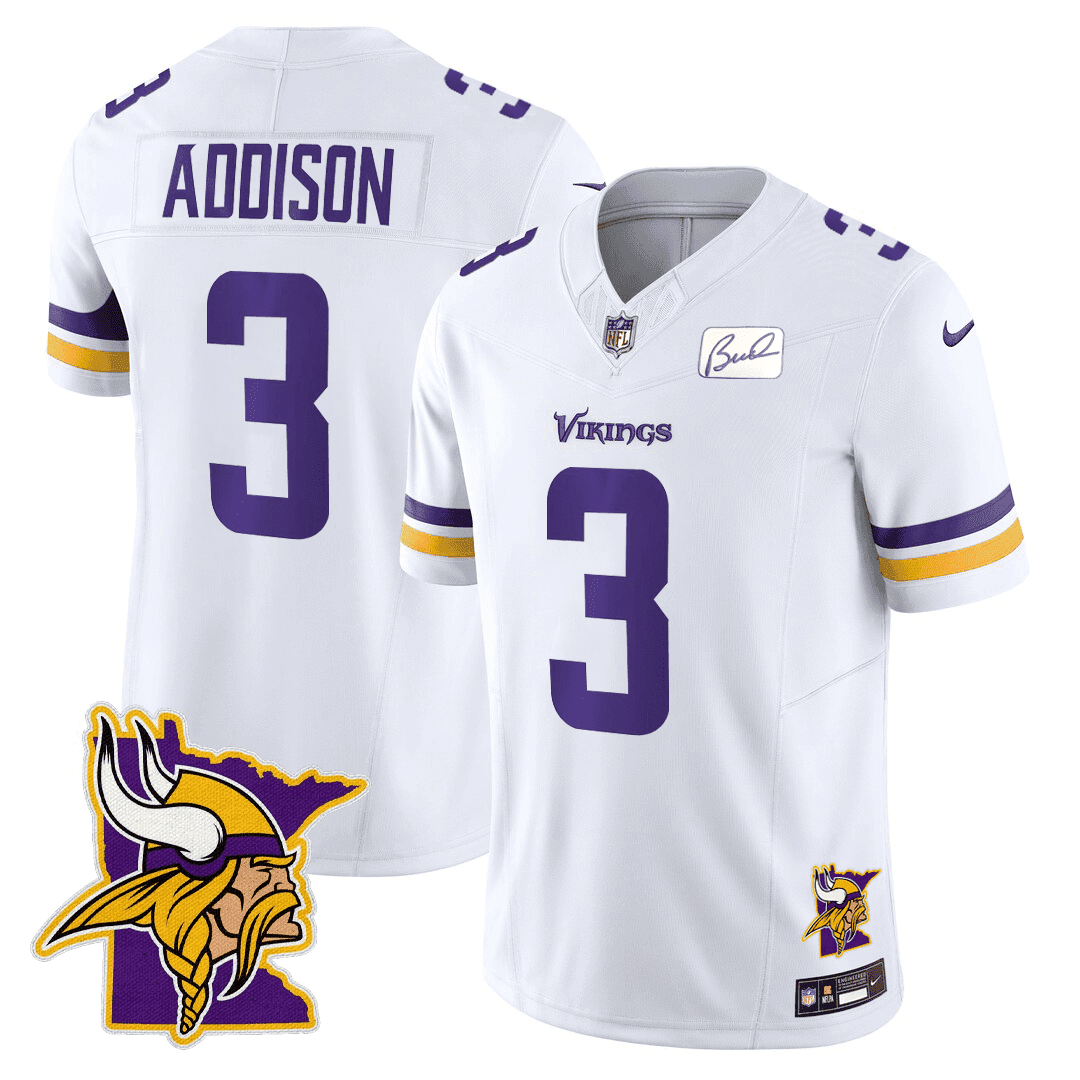 Jordan Addison Men's Minnesota Vikings Honor Bud Grant & Minnesota Map Patch Limited White Jersey - All Stitched