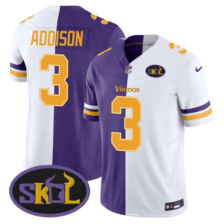 Jordan Addison Men's Minnesota Vikings SKOL Patch Purple/ White Split Split Jersey - All Stitched