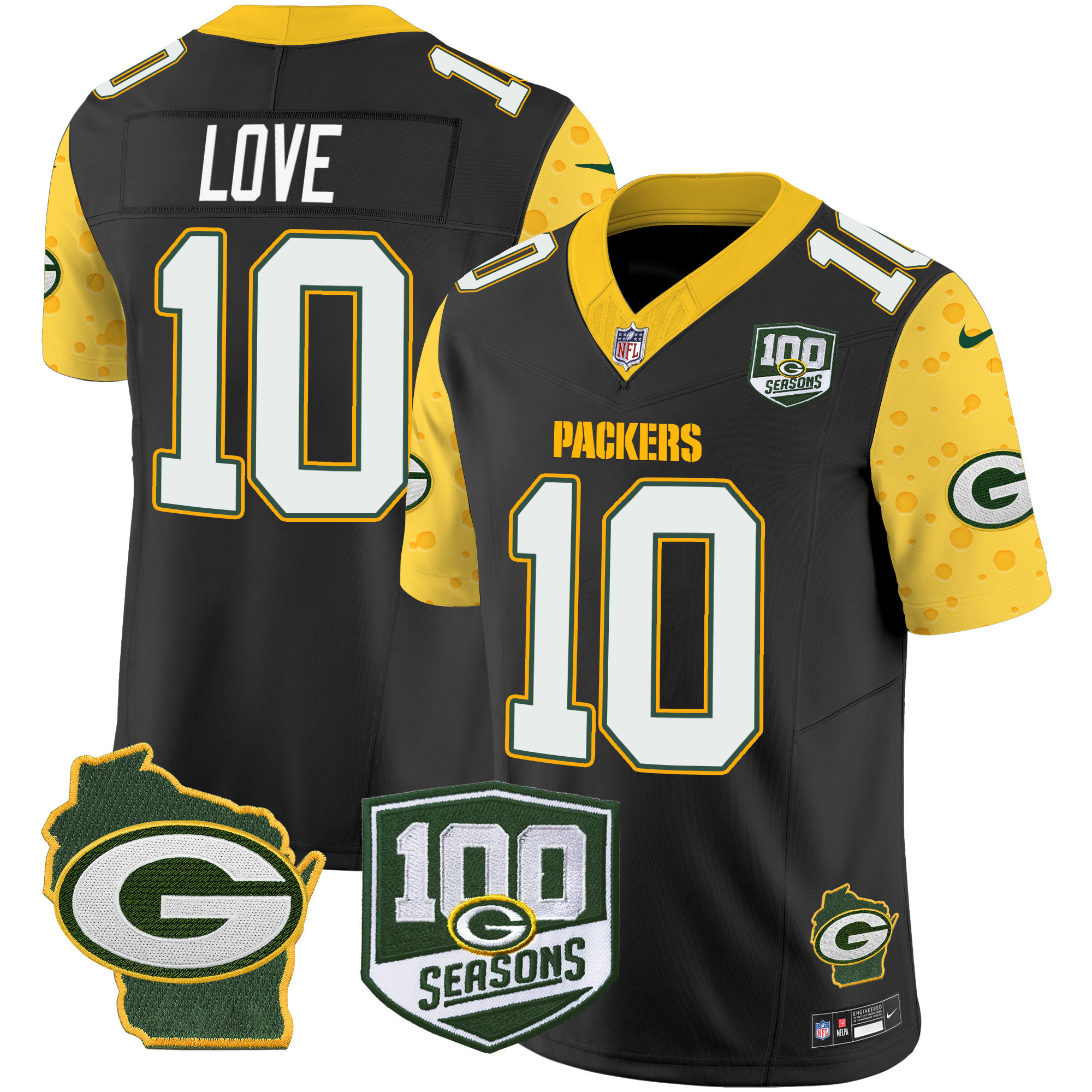 Jordan Love Men's Green Bay Packers 100th Season & Home Patch Cheese Vapor Limited Jersey ÃƒÂ¢Ã¢â€šÂ¬Ã¢â‚¬Å“ All Stitched Black Jersey - All Stitched