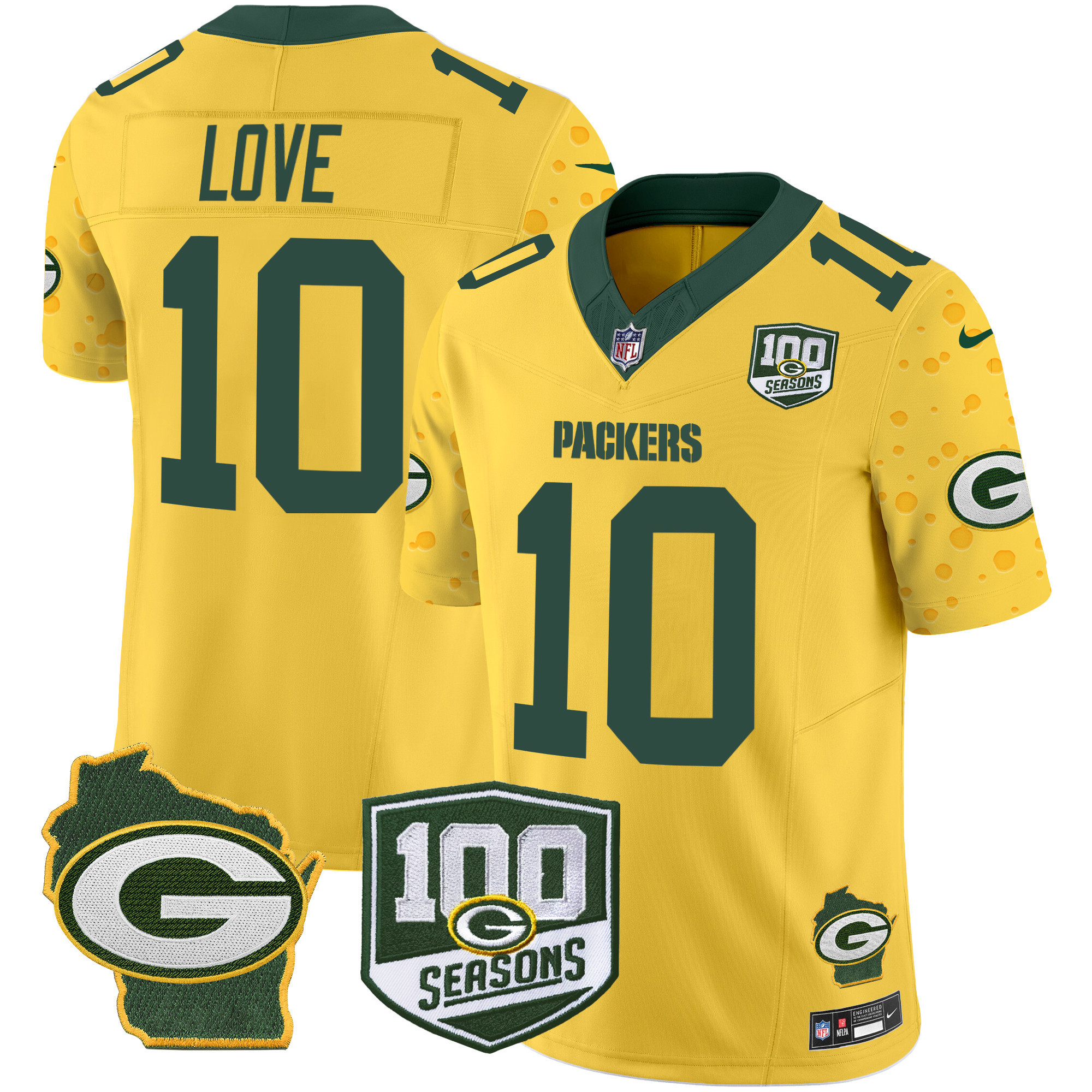 Jordan Love Men's Green Bay Packers 100th Season & Home Patch Cheese Vapor Limited Jersey Ã¢â‚¬â€œ All Stitched Gold Jersey - All Stitched
