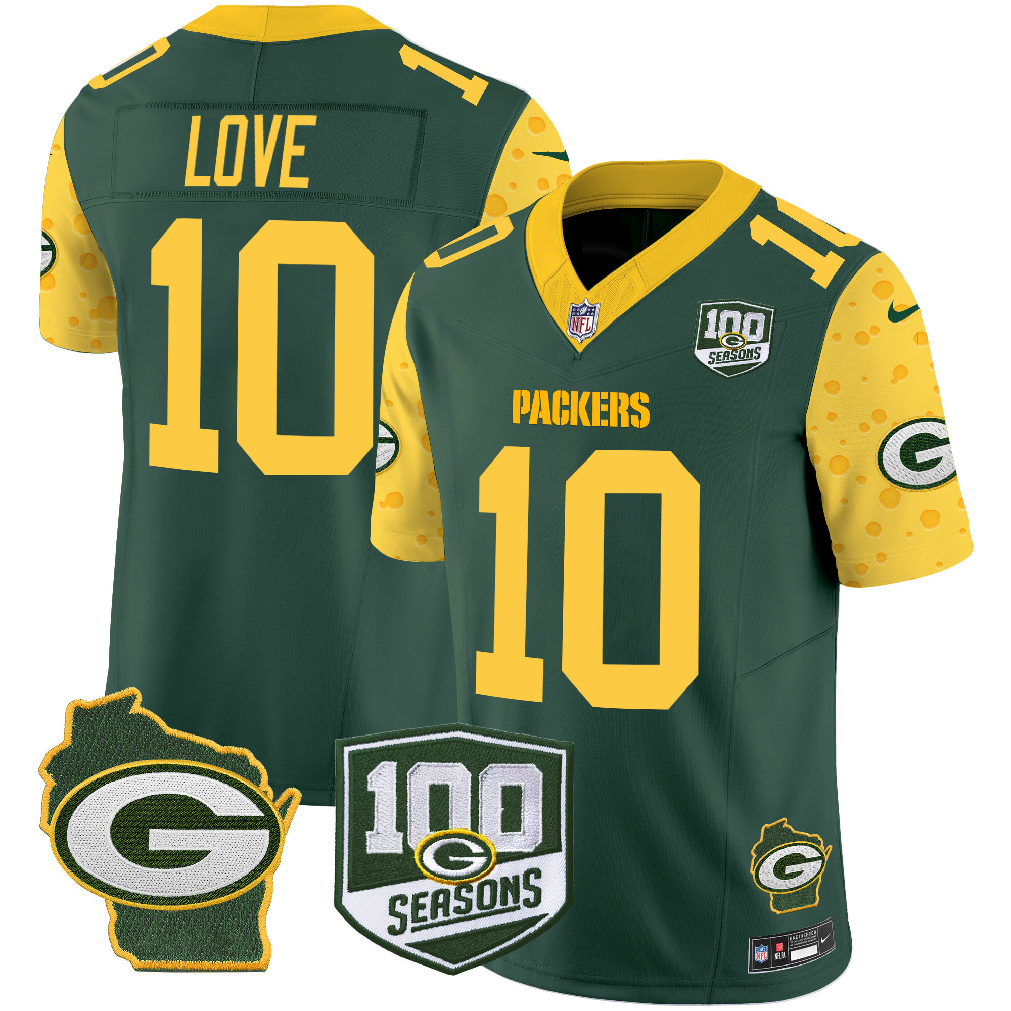Jordan Love Men's Green Bay Packers 100th Season & Home Patch Cheese Vapor Limited Jersey Ã¢â‚¬â€œ All Stitched Green Jersey - All Stitched