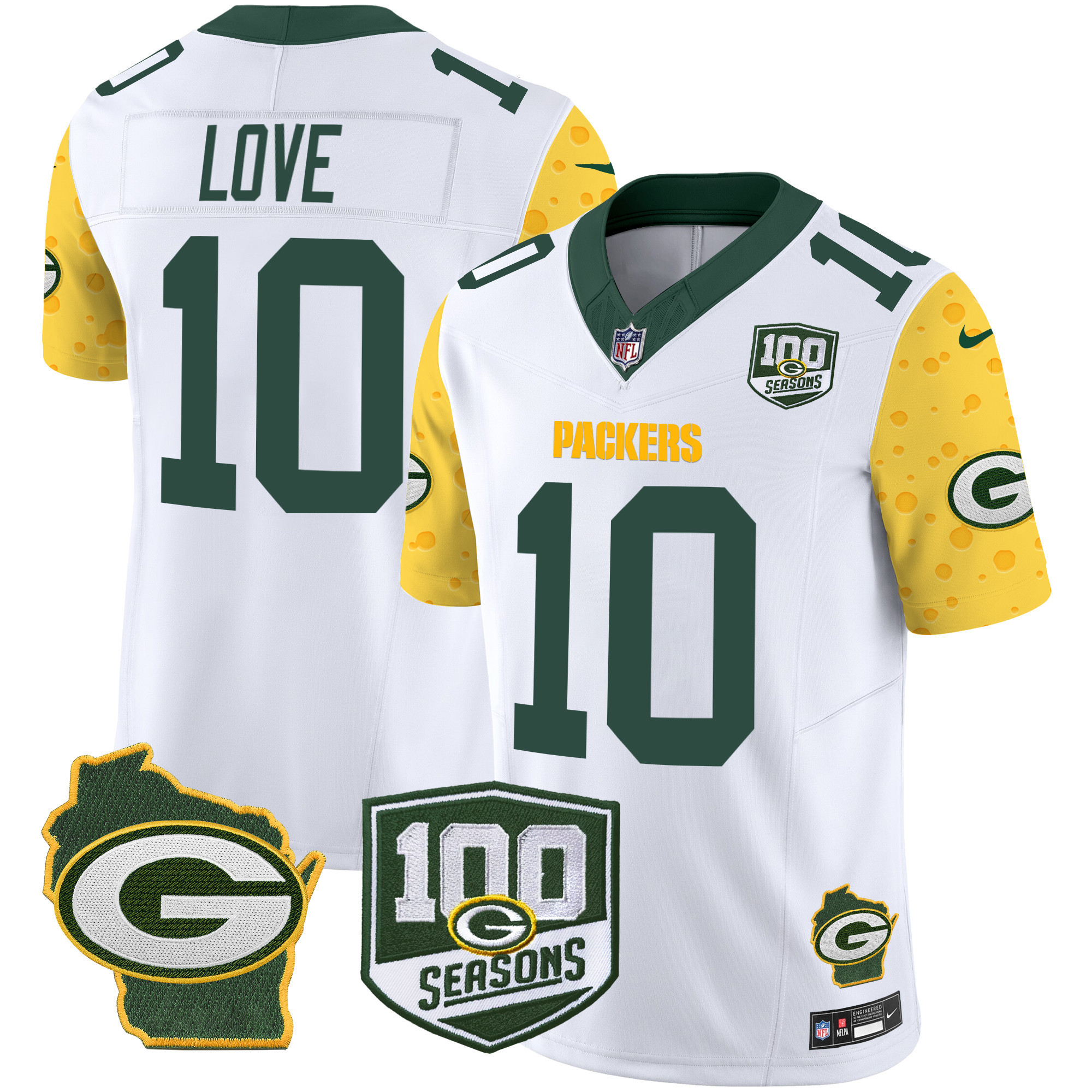 Jordan Love Men's Green Bay Packers 100th Season & Home Patch Cheese Vapor Limited Jersey Ã¢â‚¬â€œ All Stitched White Jersey - All Stitched