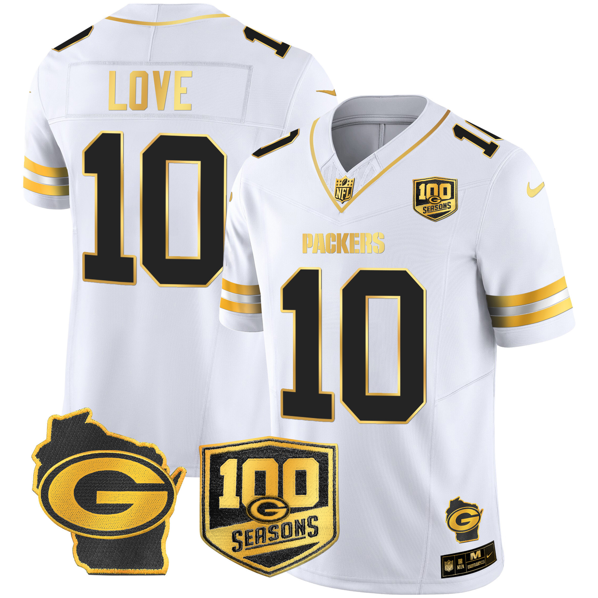 Jordan Love Men's Green Bay Packers 100th Season & Home Patch Gold Vapor Limited Jersey ÃƒÂ¢Ã¢â€šÂ¬Ã¢â‚¬Å“ All Stitched White Gold Jersey - All Stitched