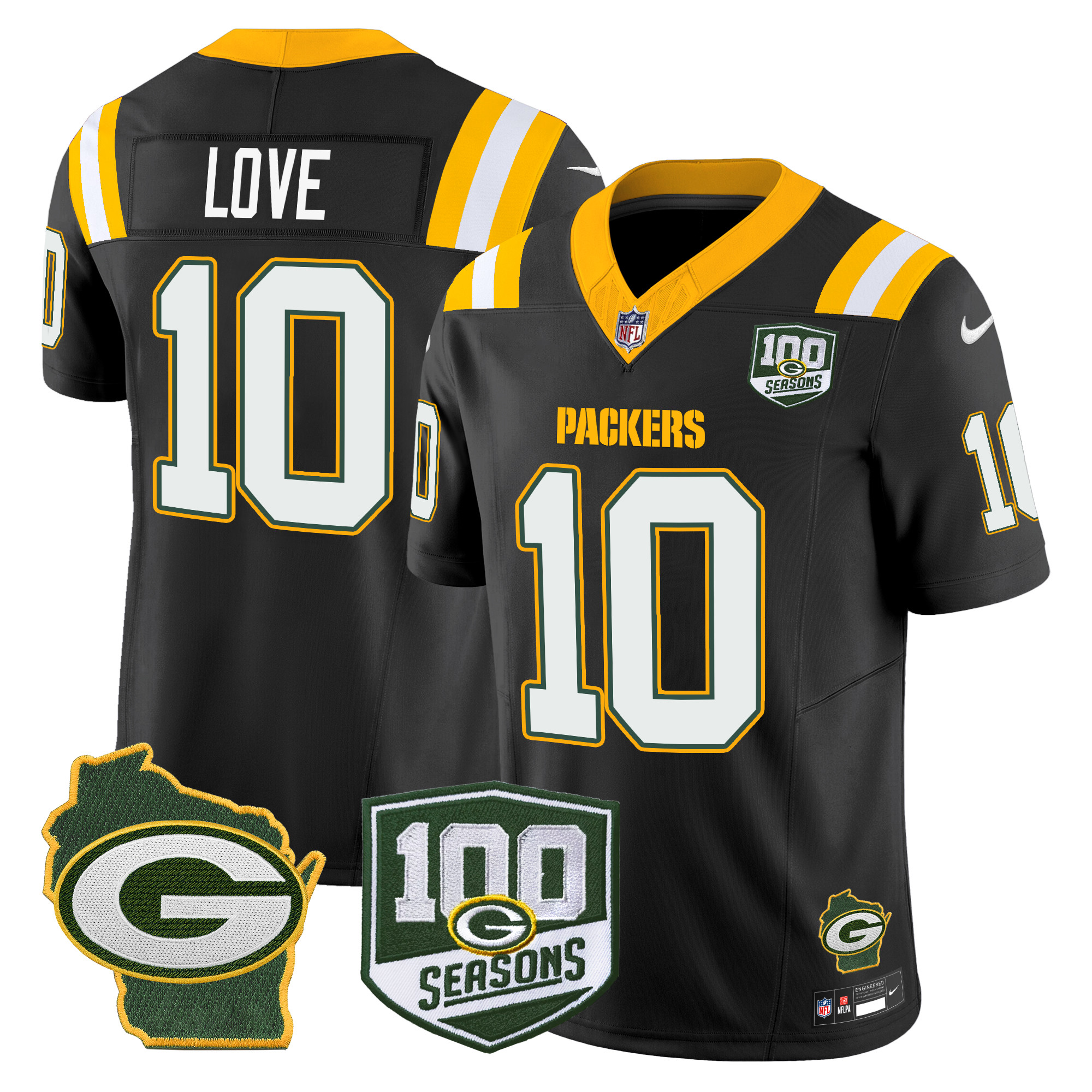 Jordan Love Men's Green Bay Packers 100th Season & Home Patch Vapor Limited Black Jersey - All Stitched