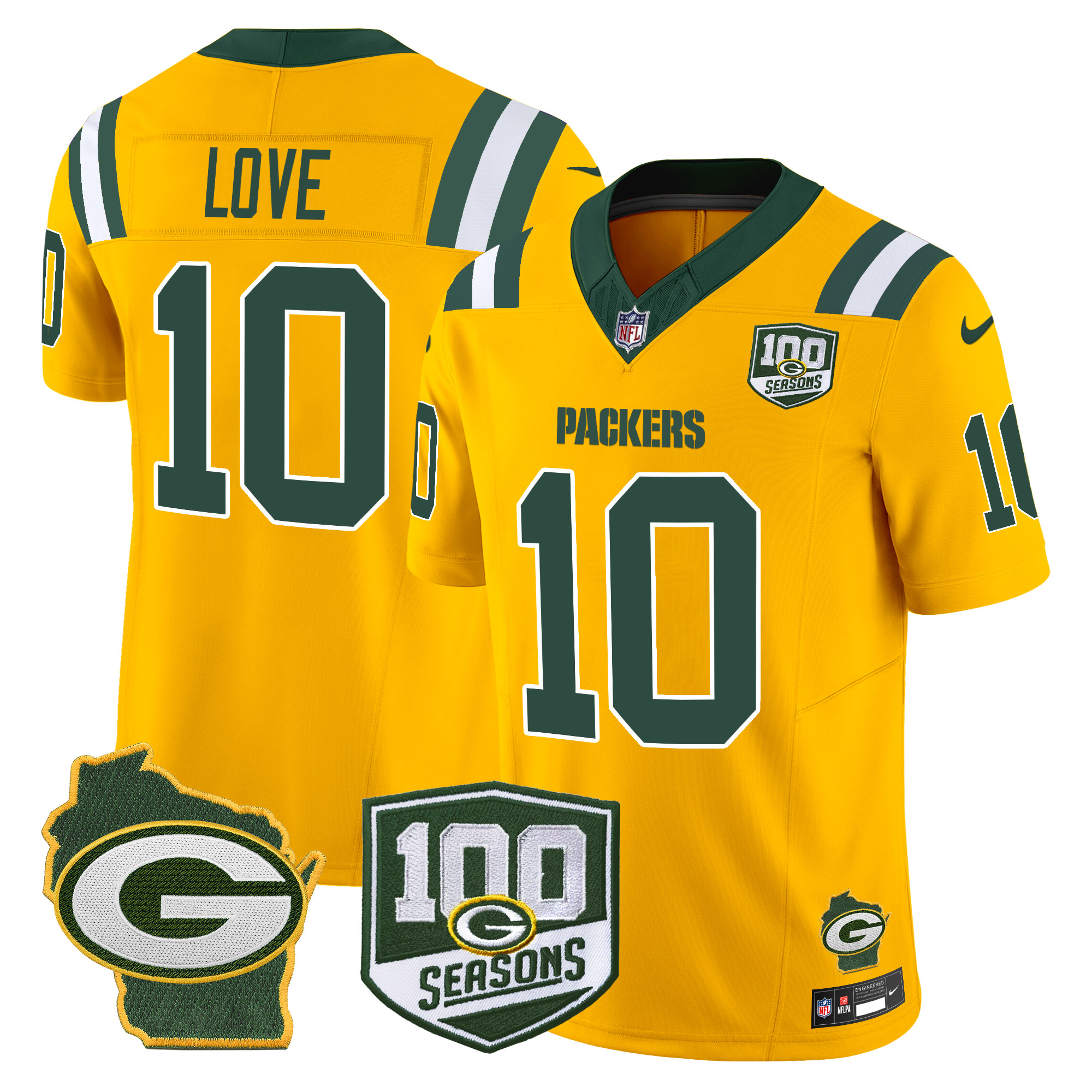 Jordan Love Men's Green Bay Packers 100th Season & Home Patch Vapor Limited Gold Jersey - All Stitched