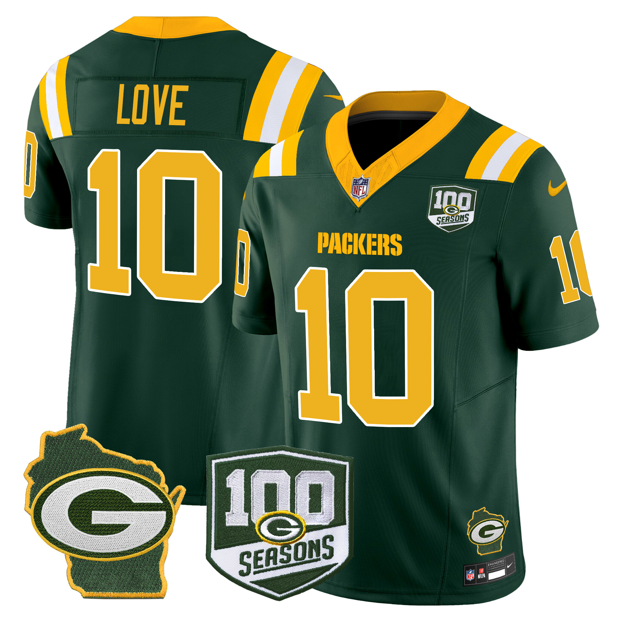 Jordan Love Men's Green Bay Packers 100th Season & Home Patch Vapor Limited Green Jersey - All Stitched