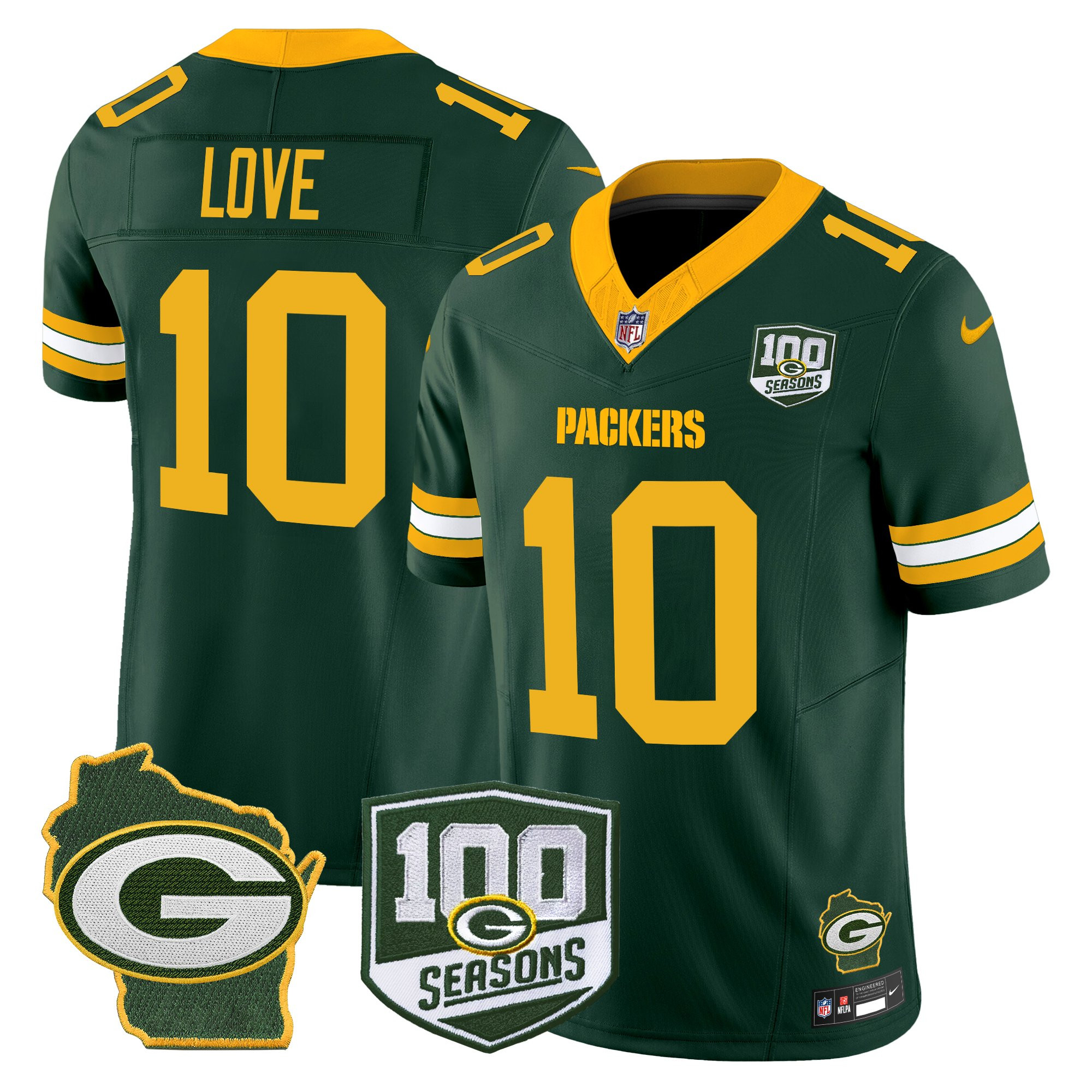 Jordan Love Men's Green Bay Packers 100th Season & Home Patch Vapor Limited Green Jersey - All Stitched