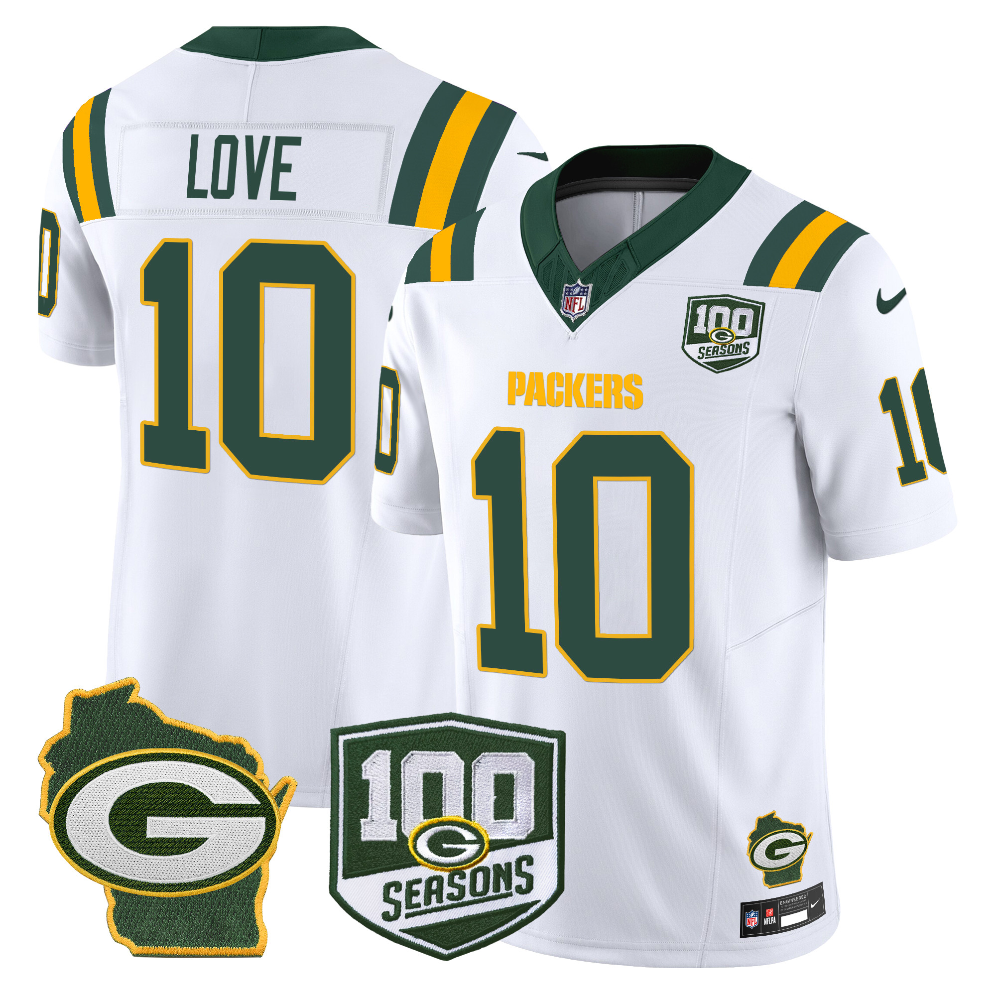 Jordan Love Men's Green Bay Packers 100th Season & Home Patch Vapor Limited White Jersey - All Stitched
