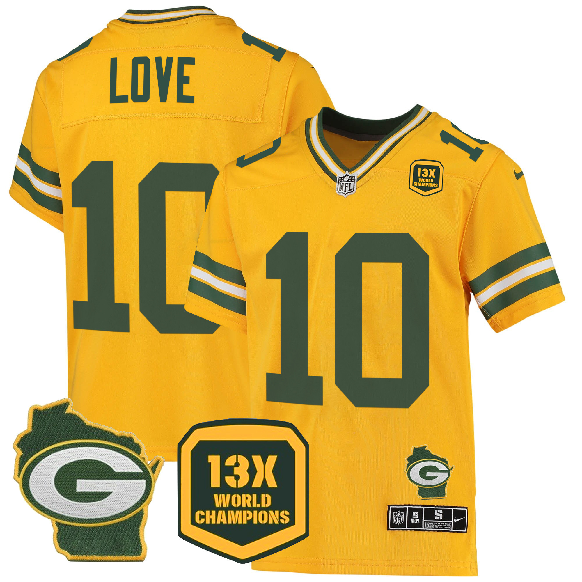 Jordan Love Men's Green Bay Packers 13 Time World Champions & Home Patch Game Jersey Ã¯Â¿Â½ All Stitched Gold Jersey - All Stitched