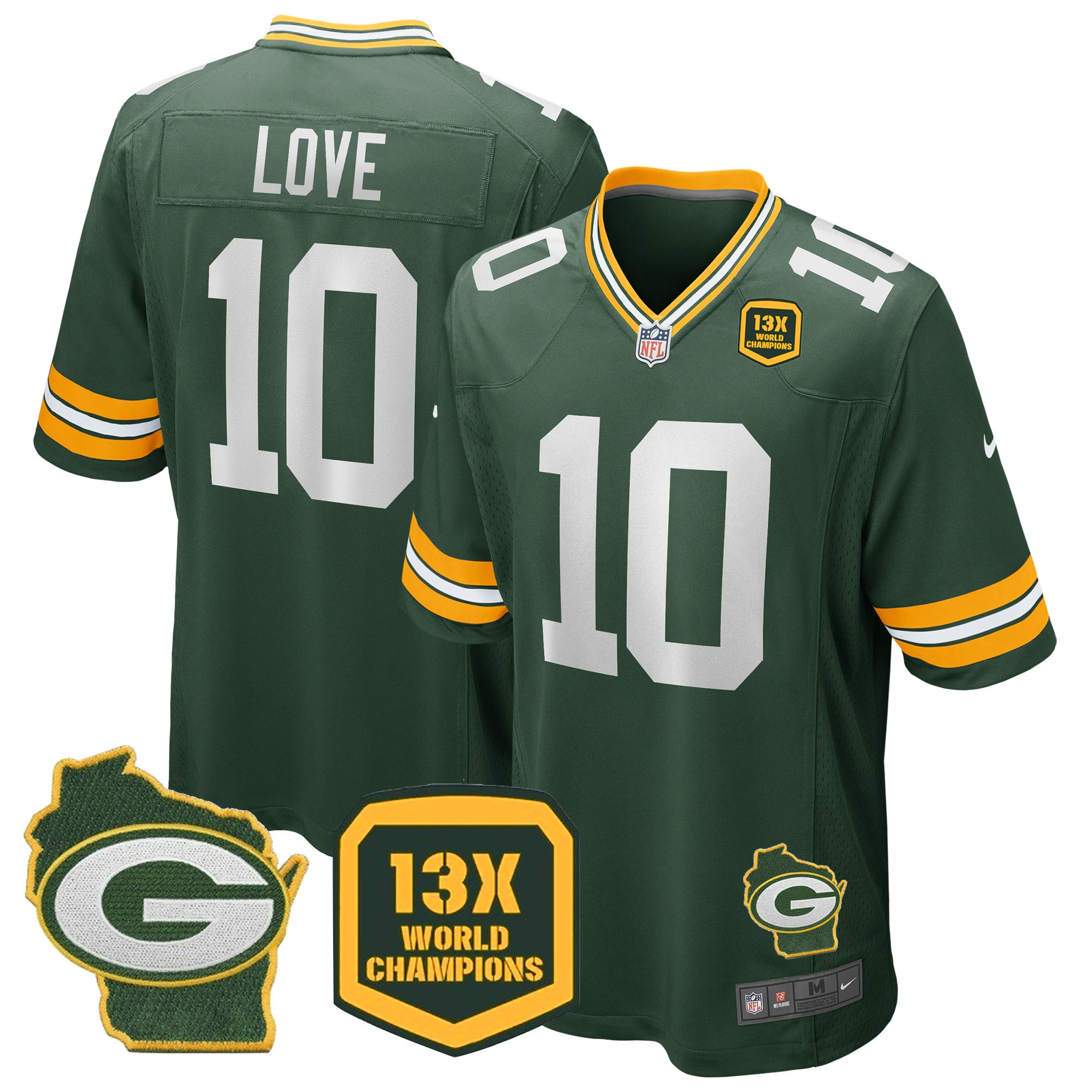Jordan Love Men's Green Bay Packers 13 Time World Champions & Home Patch Game Jersey Ã¯Â¿Â½ All Stitched Green Jersey - All Stitched