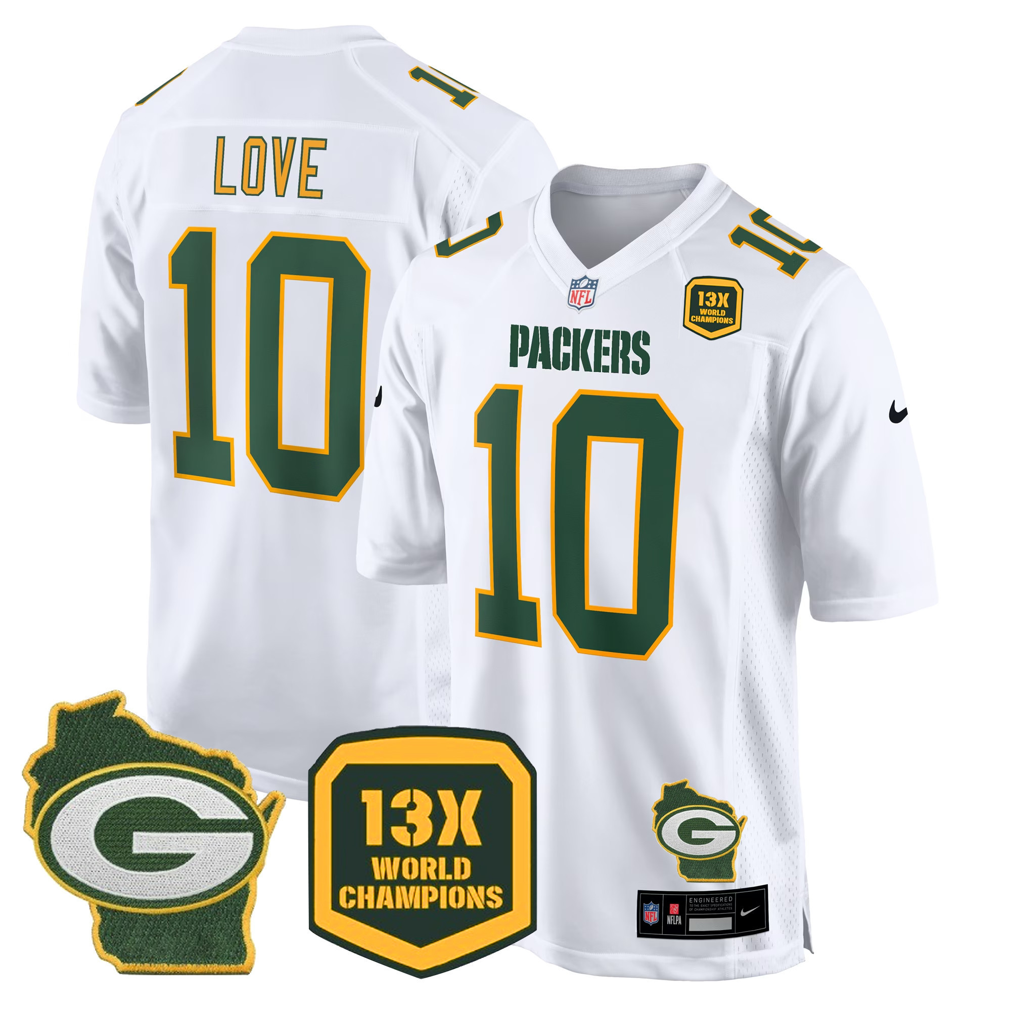 Jordan Love Men's Green Bay Packers 13 Time World Champions & Home Patch Game Jersey Ã¯Â¿Â½ All Stitched White Jersey - All Stitched