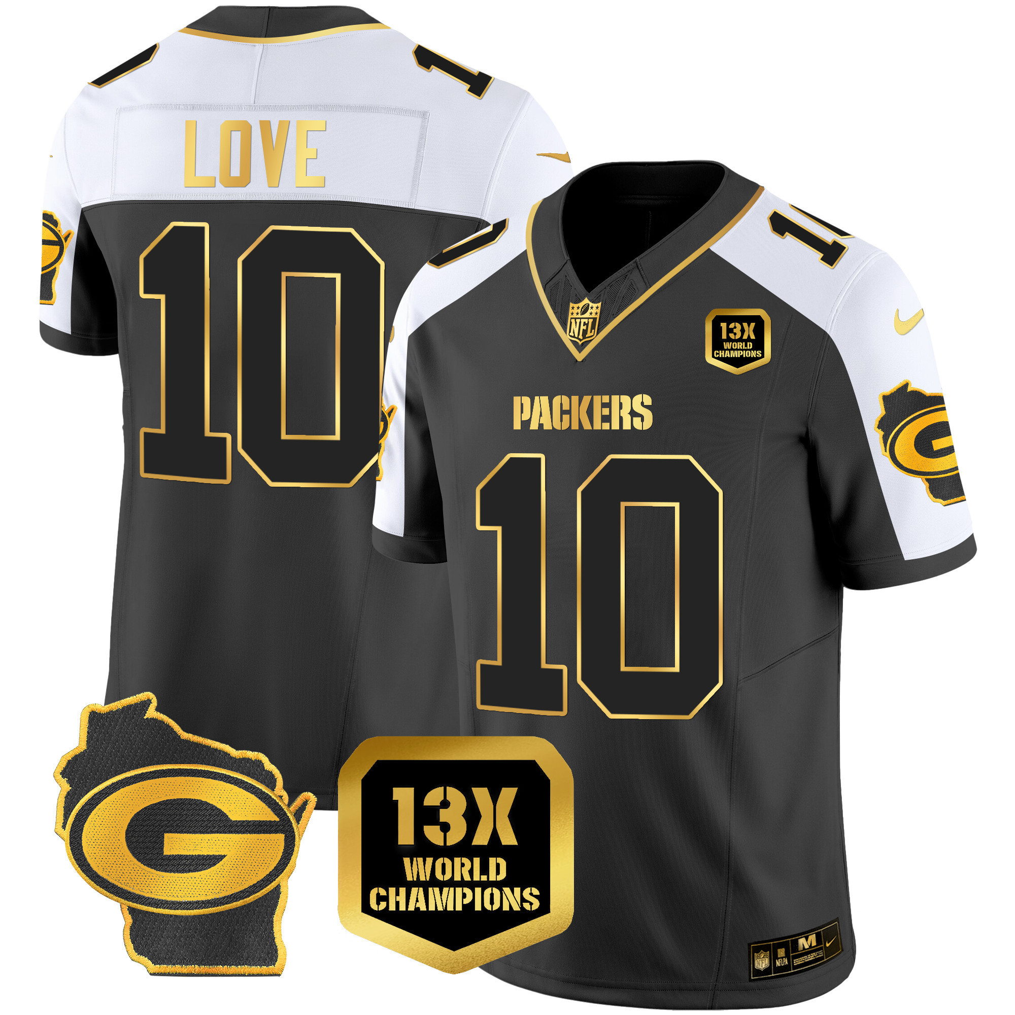 Jordan Love Men's Green Bay Packers 13 Time World Champions & Home Patch Gold Vapor Jersey Ã¯Â¿Â½ All Stitched Alternate Jersey - All Stitched