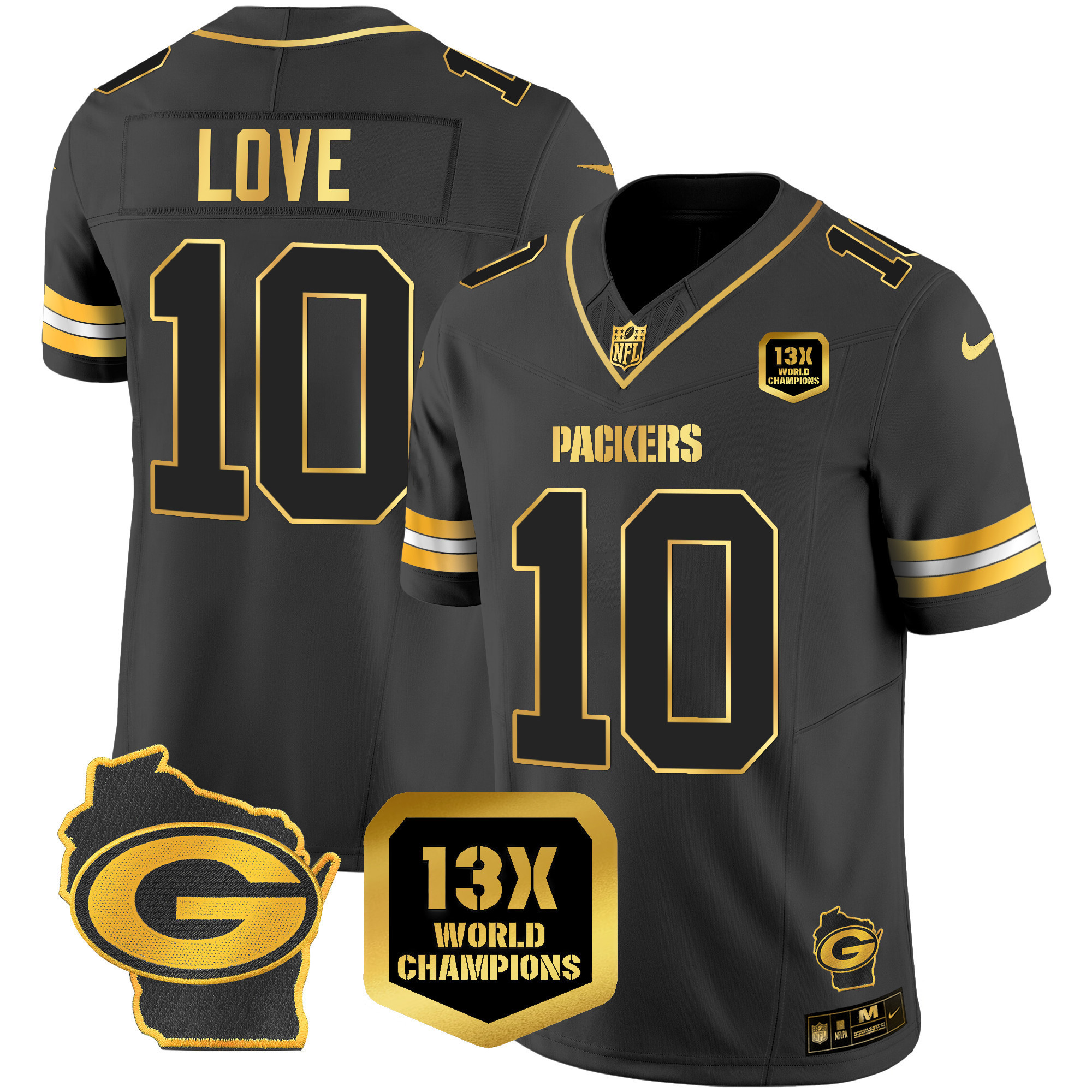 Jordan Love Men's Green Bay Packers 13 Time World Champions & Home Patch Gold Vapor Jersey Ã¯Â¿Â½ All Stitched Black Gold Jersey - All Stitched