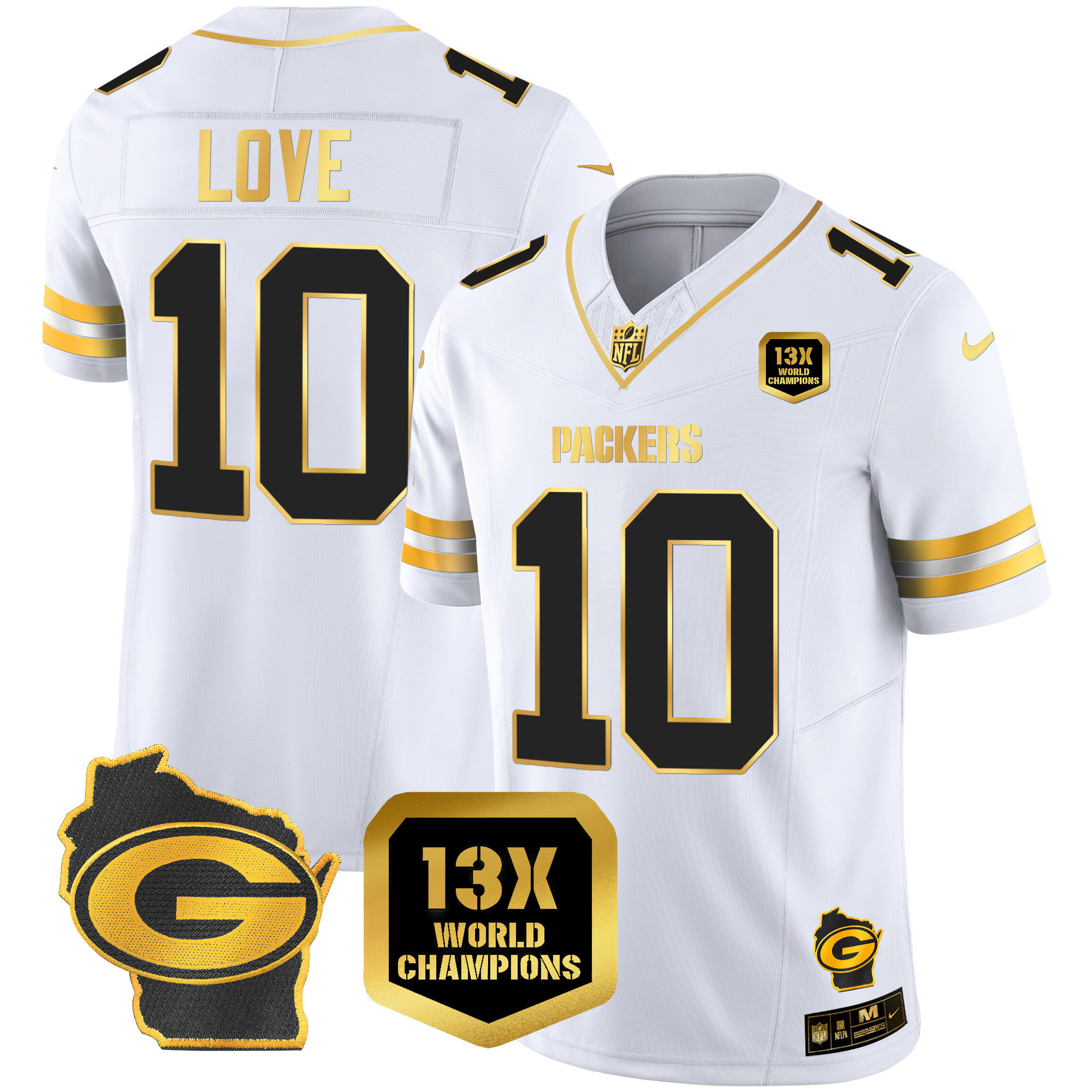 Jordan Love Men's Green Bay Packers 13 Time World Champions & Home Patch Gold Vapor Jersey Ã¯Â¿Â½ All Stitched White Gold Jersey - All Stitched
