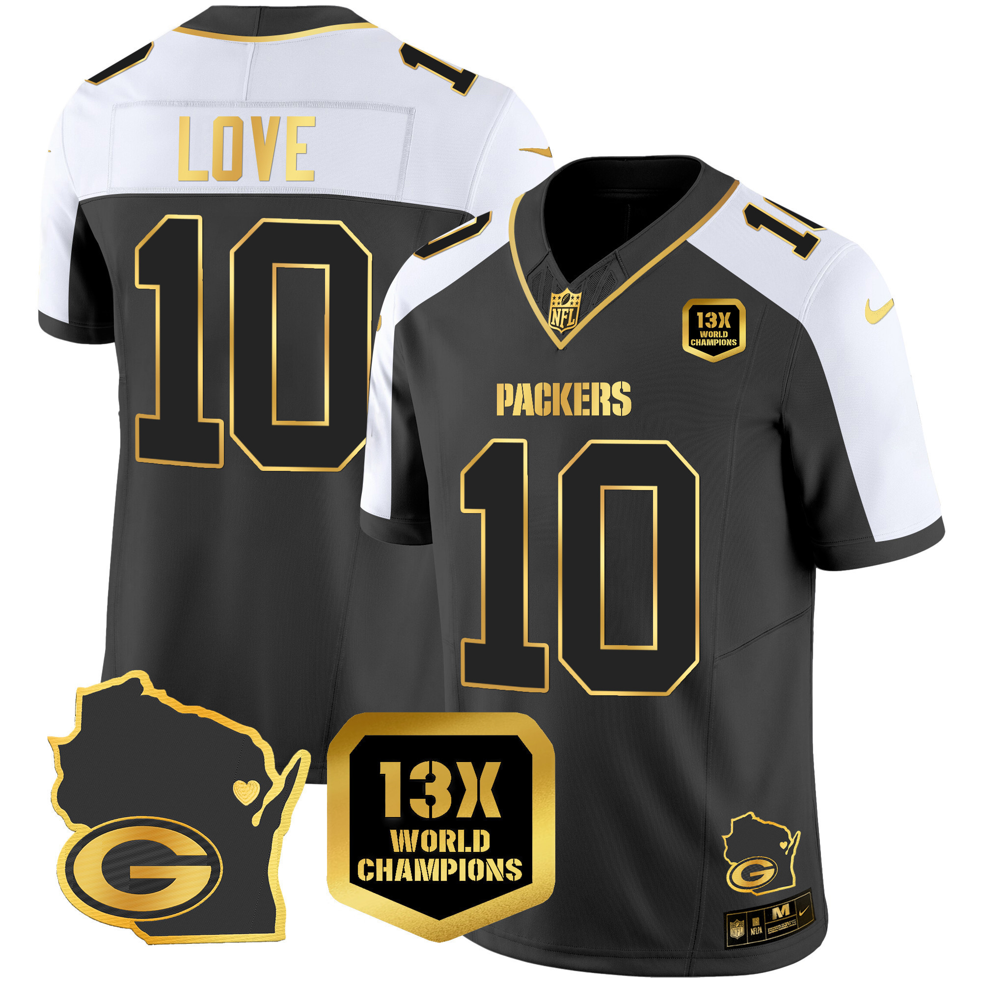 Jordan Love Men's Green Bay Packers 13 Time World Champions & Home Patch Gold Vapor Jersey V2 Ã¯Â¿Â½ All Stitched Alternate Jersey - All Stitched