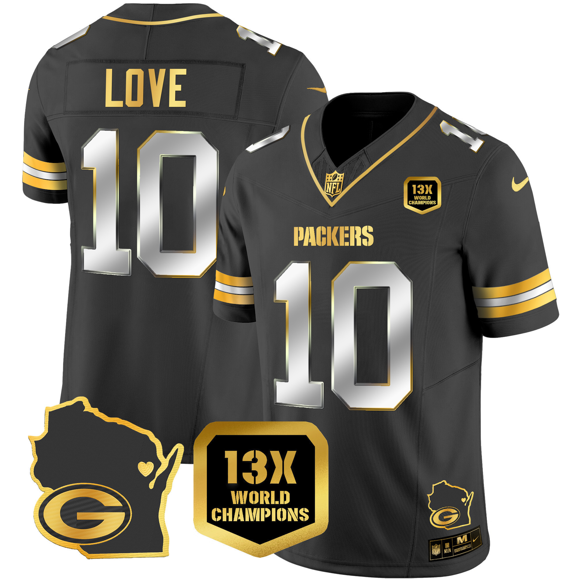 Jordan Love Men's Green Bay Packers 13 Time World Champions & Home Patch Gold Vapor Jersey V2 Ã¯Â¿Â½ All Stitched Black Limited Jersey - All Stitched